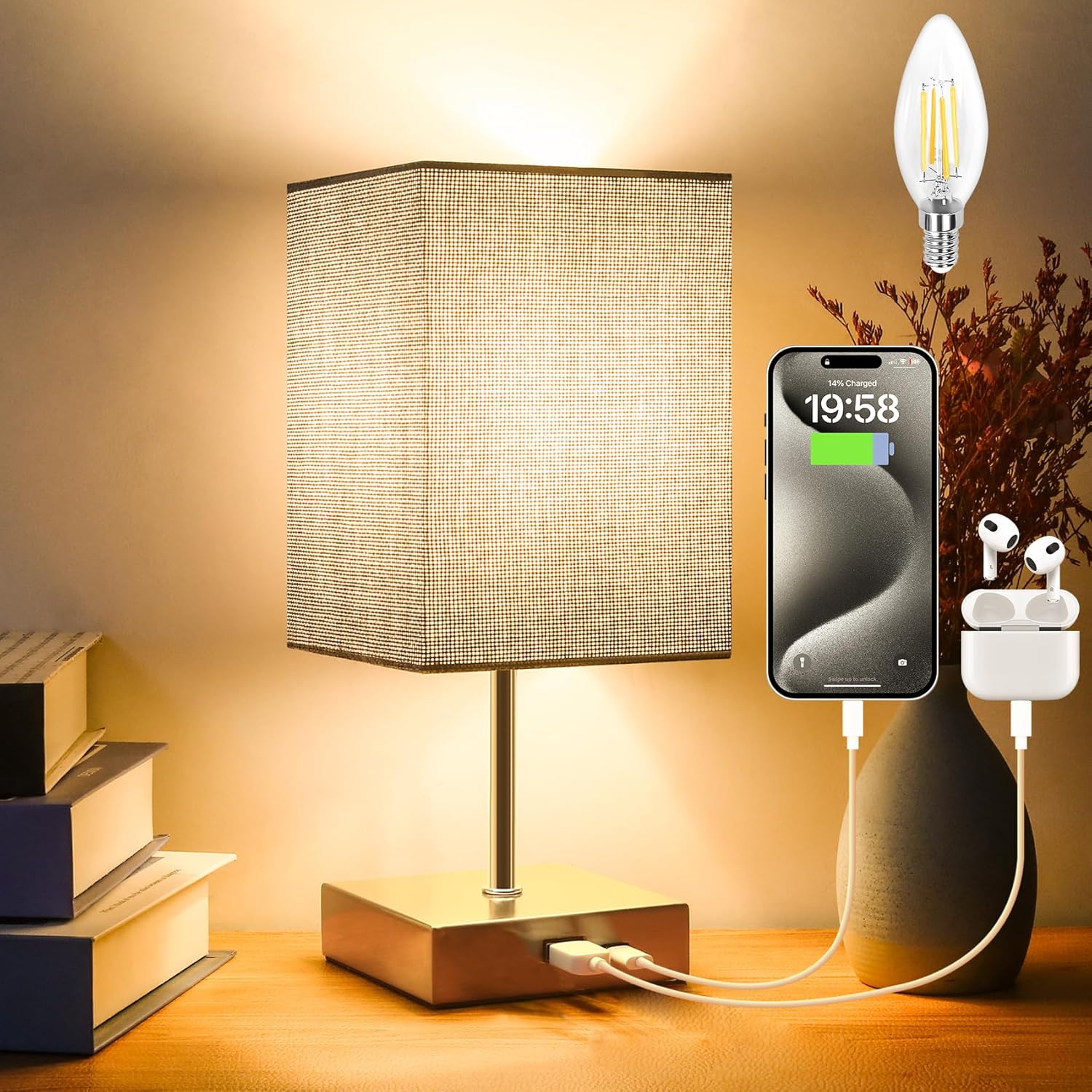 Totofac Touch Bedside Table Lamp, Touch Control Table Lamp with USB-C＆USB-A Charging Ports, Lamps 3 Way Dimmable, Small Lamp Grey Flaxen Fabric Shade for Bedroom，Dimmable Bulb Included