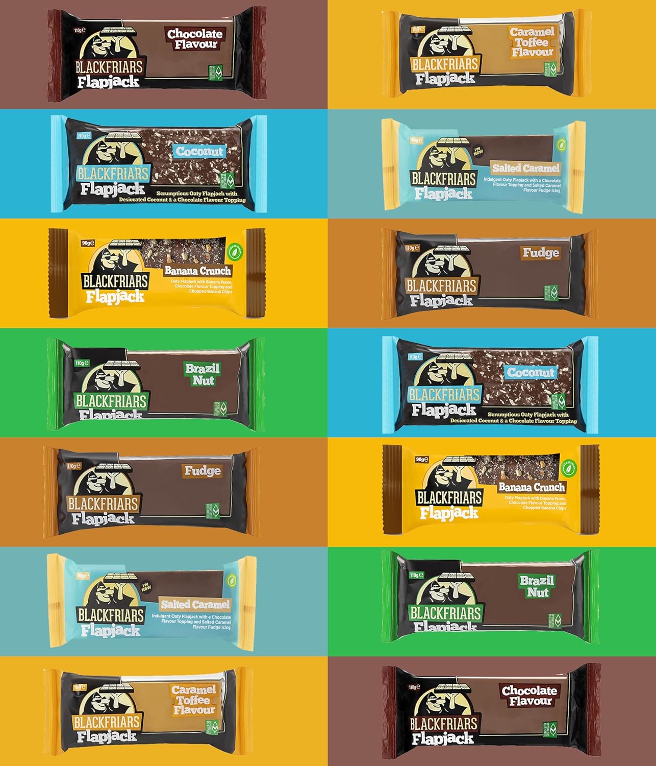 Blackfriars Chocolate Coated Flapjack Selection 14 Bars in 7 Flavours(Box of 14X90-110g Bars) -Breakfast Bars, - Chocolate, Coconut, Salted Caramel, Banana Crunch, Caramel Toffee, Fudge, Brazil Nut