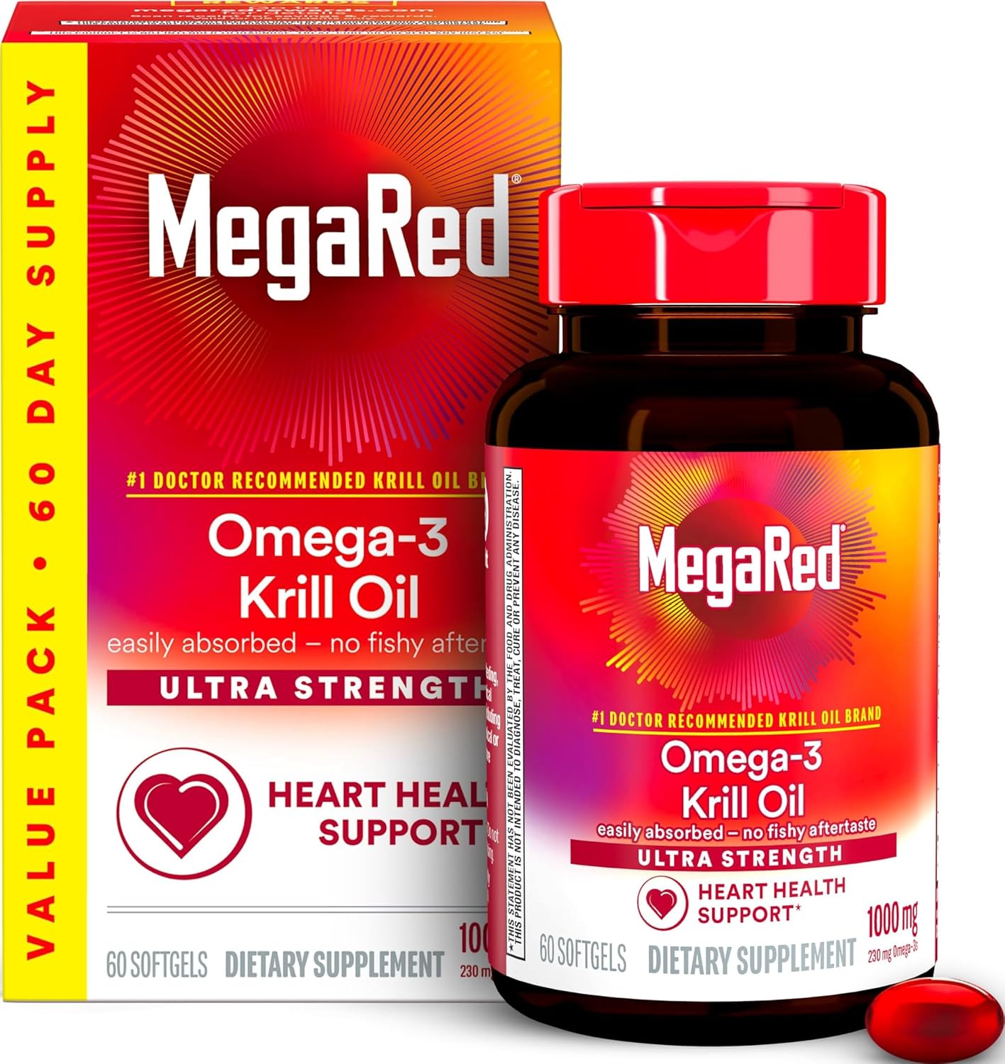 MegaRed Antarctic Krill Oil 1000mg, Omega 3 Fatty Acid Supplement, Ultra Concentrate EPA & DHA Softgels, Antioxidant Astaxanthin, Heart Health Supplement with No Fish Oil Aftertaste, 60ct