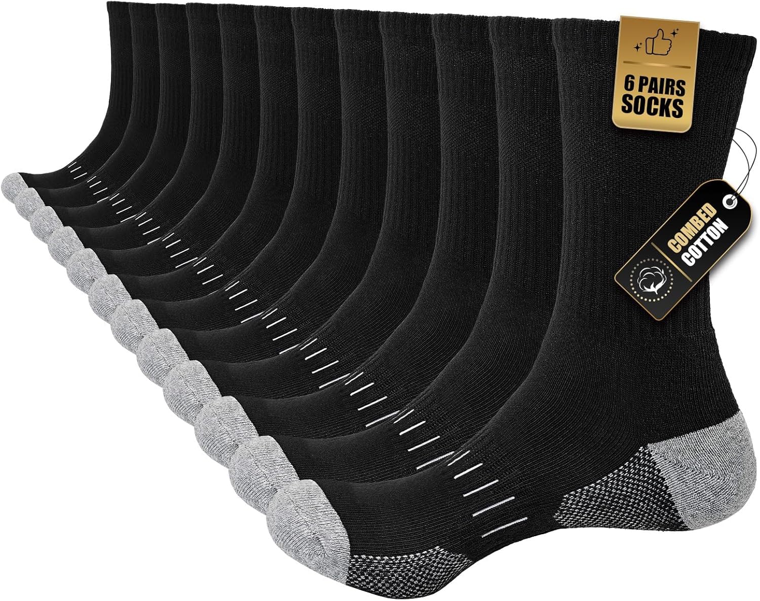 Stoeury Cushioned Mens Socks, Cotton Mens Work Socks, Crew Walking Socks Womens Mens, 6 Pairs Athletic Sports Socks for Running Outdoor Hiking Cycling