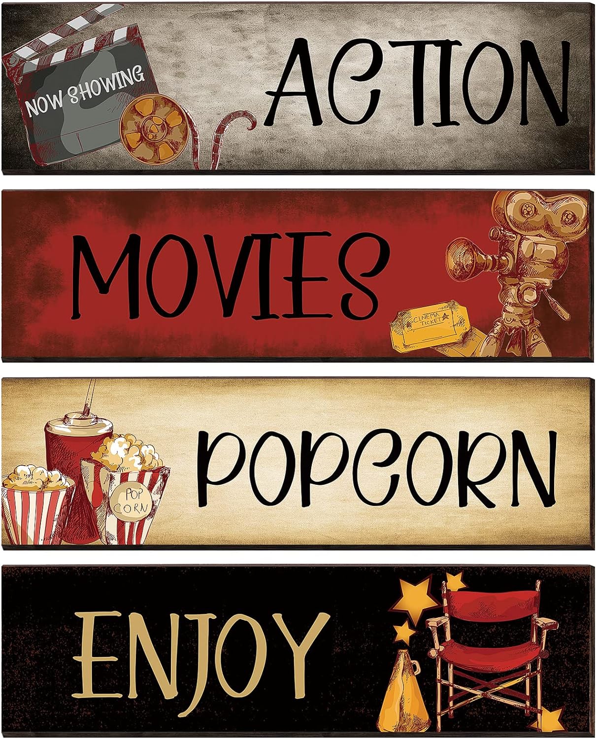 Yalikop 4 Pieces Movie Theater Decor Wooden Home Theater Decoration for Popcorn Enjoy Film Classic Decor Rustic Room Wall Media Room Wall Art(11 x 3 Inch)