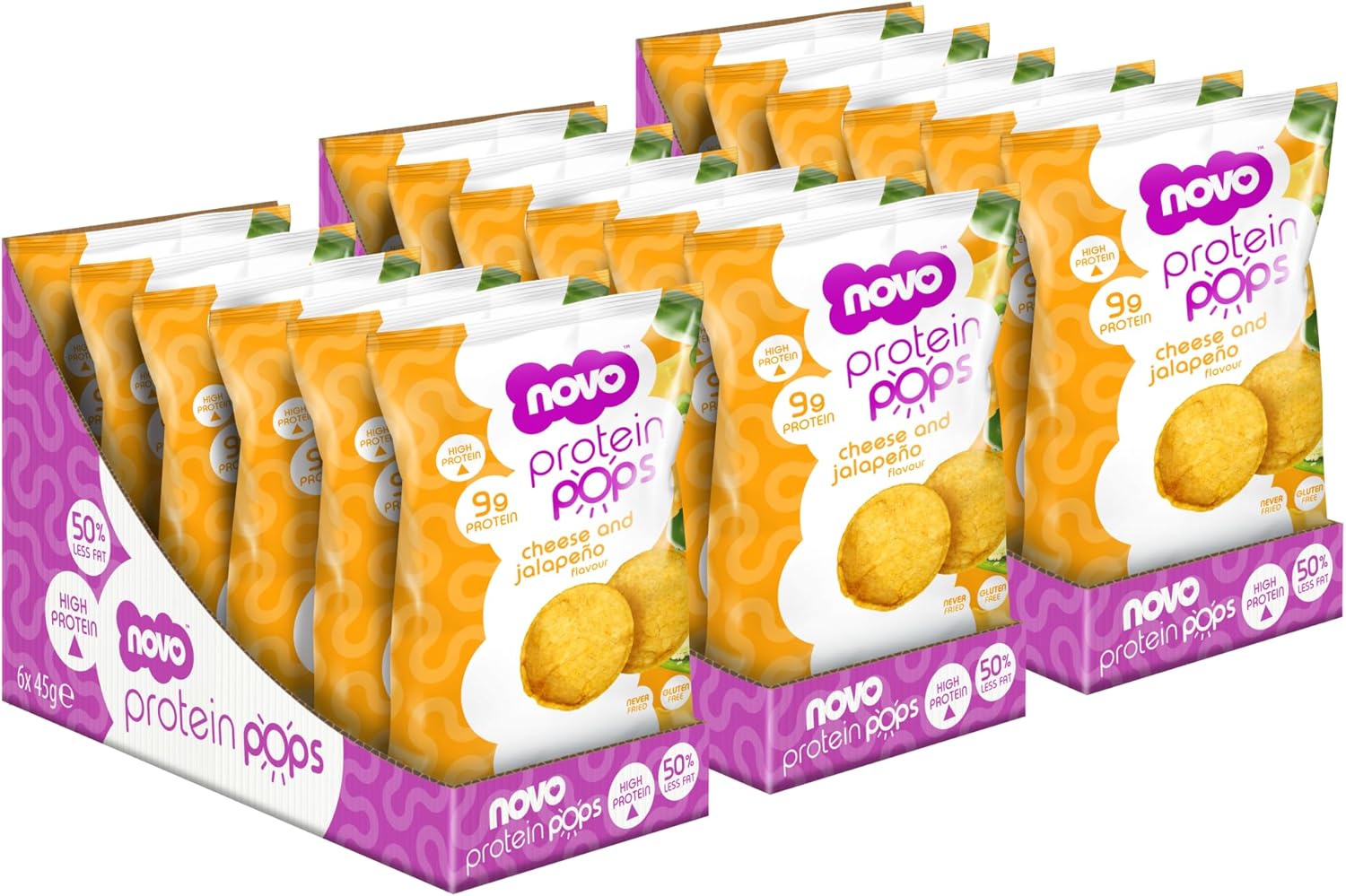 Novo Nutrition | Protein Pops | Healthy Savoury Snack with High Protein, Low Sugar and High Fibre | 3 x (6 x 45g) | Cheese and Jalapeño