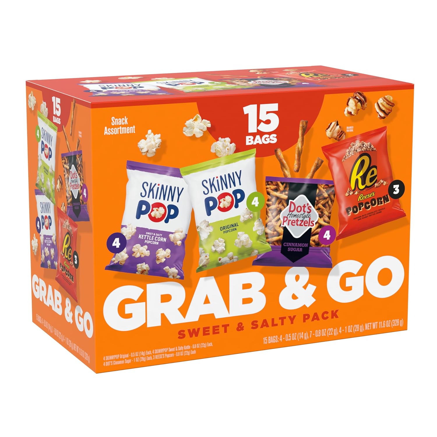 Sweet & Salty Multipack, SkinnyPop Original and Kettle Corn, Dot's Cinnamon Sugar Pretzels, Reese's Popcorn, On-the-Go Snacks, Individually Sized Bags, (15 Count)