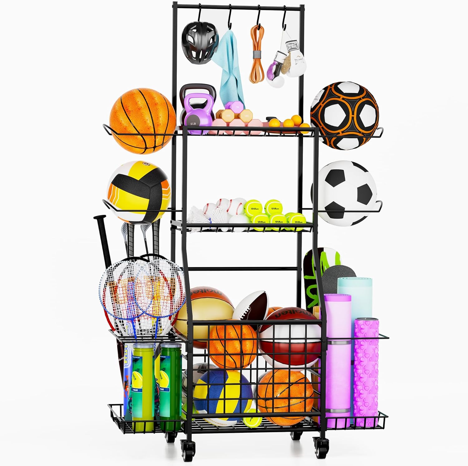 Sports Equipment Storage for Garage, Ball Rack Sports Organizer Multi Tier Rolling Ball Storage Cart Outdoor Organizer with Wheels for Toys, Sport Gear