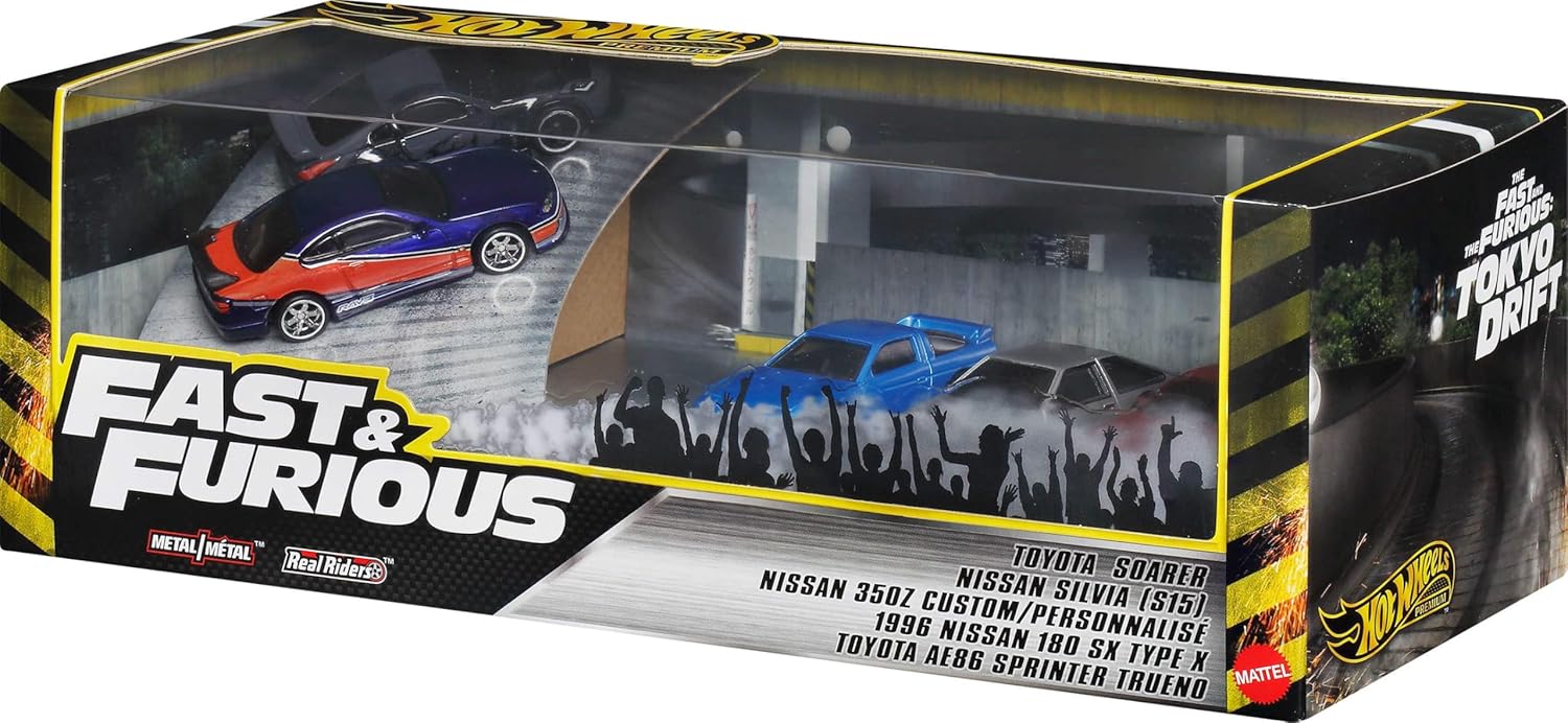 Hot Wheels Toy Cars, Premium Fast & Furious Tokyo Drift Bundle, 5 1:64 Scale Die-Cast Vehicles from the Fast Movie in Collectable Packaging