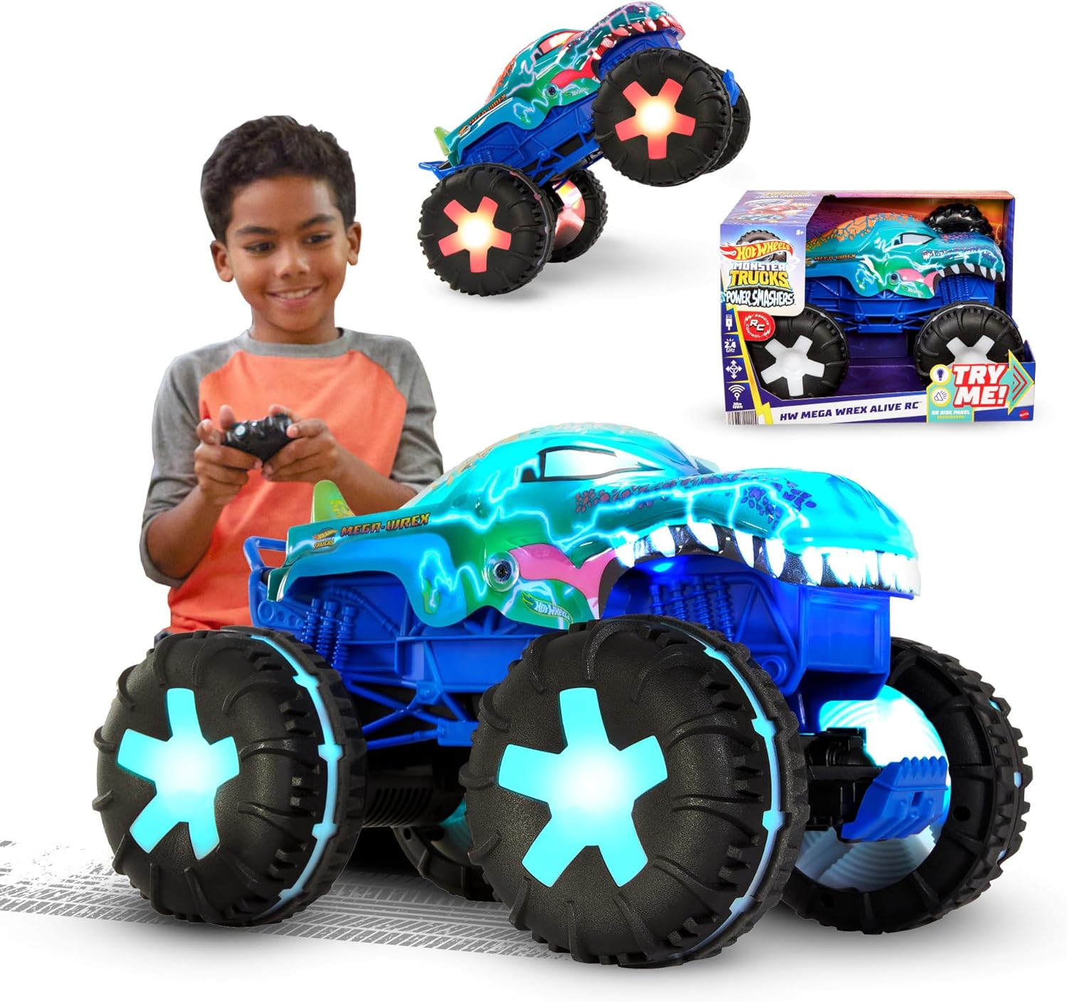 Hot Wheels Monster Trucks Remote Control Car, 1:15 Scale Mega-Wrex Alive Battery-Powered RC Vehicle with Lights & Sounds, JBD90