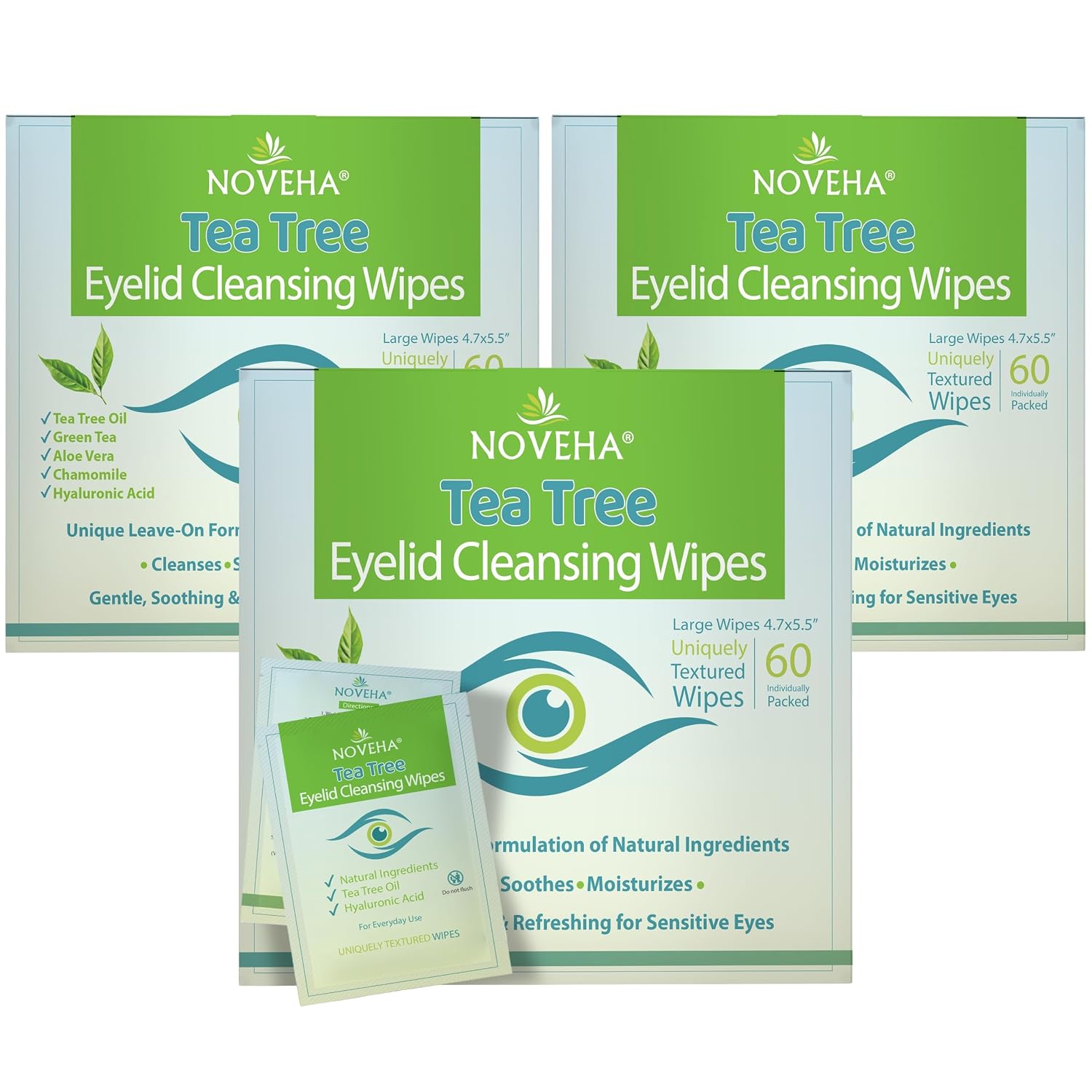 NOVEHA 180PCs Tea Tree Oil Eyelid & Lash Wipes With Hyaluronic Acid, Green Tea & Chamomile For Blepharitis & Itchy Eyes, Individually Wrapped Eyelash Wipes Natural Makeup Remover & Daily Cleanser