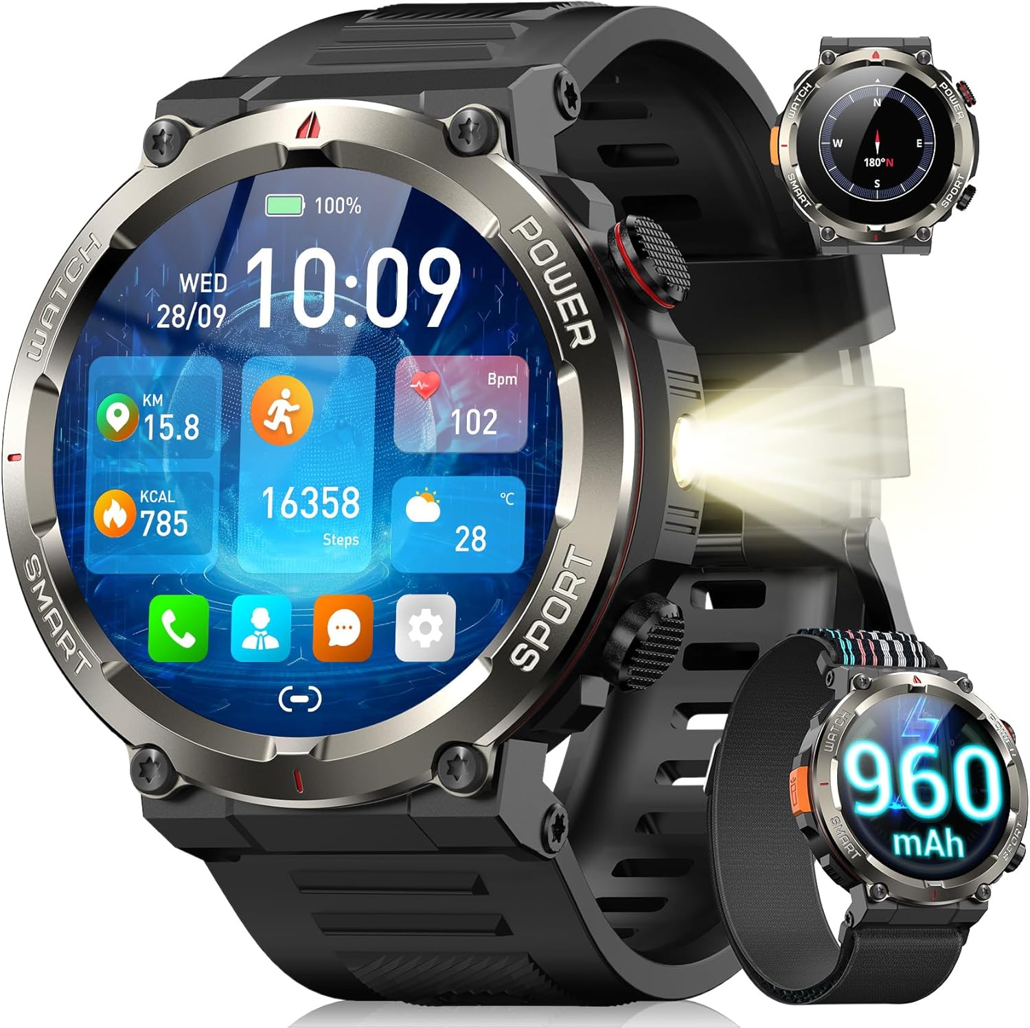 Blackview Military Smart Watch for Men - Make/Answer Call, 1.45" HD Fitness Watch with 960mAh Battery/Flashlight/Compass/Heart Rate/SpO2/Sleep/Stress, 150+ Sports, Outdoor Smartwatch for iOS Android