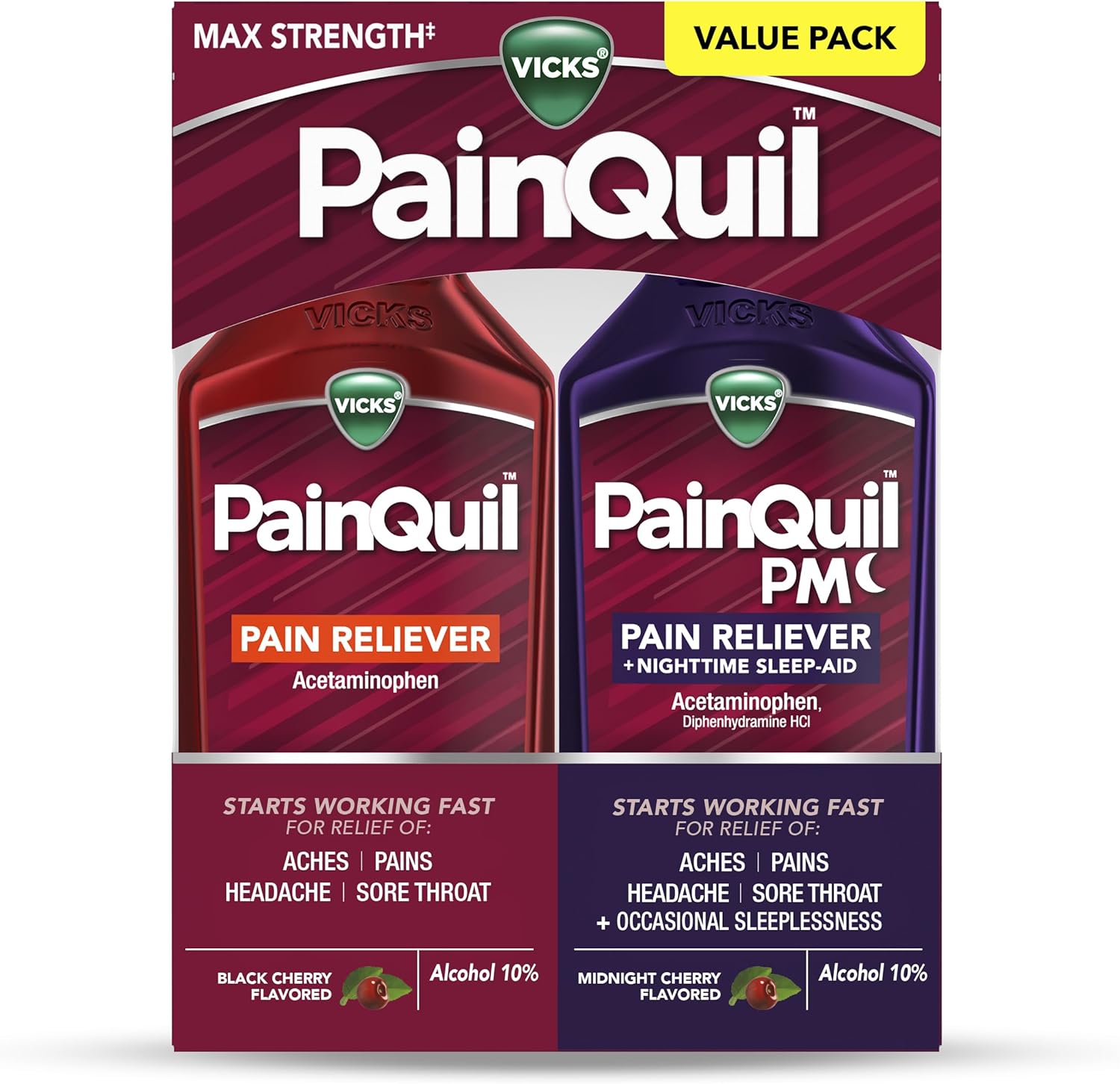 Vicks PainQuil & PainQuil PM Pain Relief Liquid, 1000mg Acetaminophen, 2x12 oz