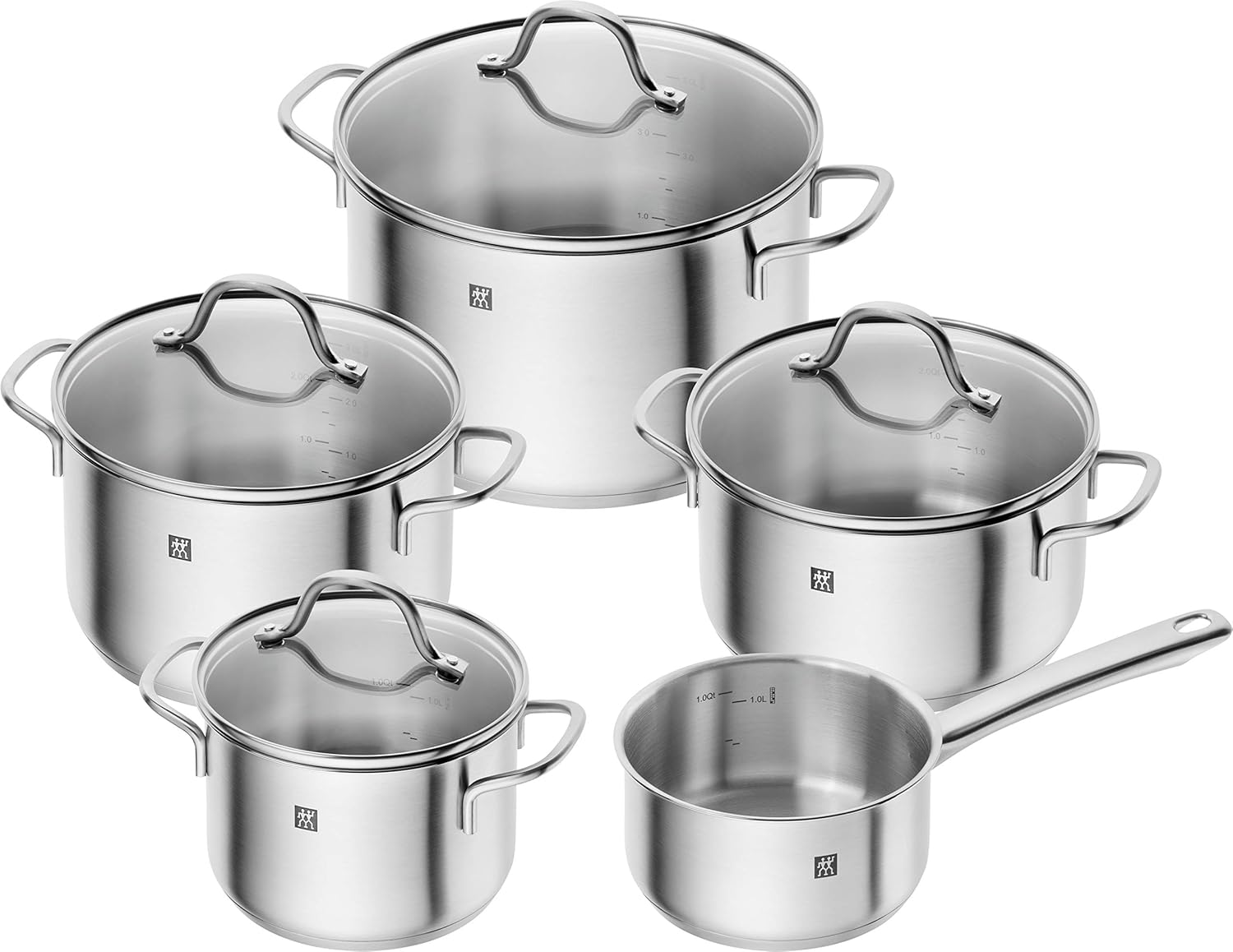 Zwilling Flow 5-Piece Cookware Set Glass Lids Suitable for Induction Cookers Dishwasher Safe Rust-Free 18/10 Stainless Steel