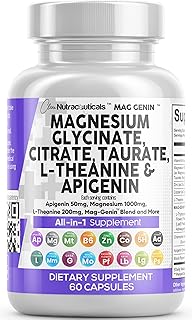 Magnesium Glycinate Complex 1000mg with L-Theanine 200mg Apigenin 50mg Citrate Taurate Supplement - 5-HTP GABA Passion Flower Lemon Balm L-Glycine Phosphatidylserine Ashwagandha - 60 Count