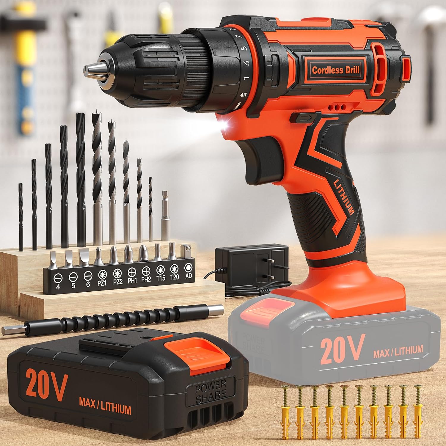 VIWKO Cordless Drill Set, 20V Electric Drill with Battery 2.0Ah, Cordless Screwdriver with Battery & Charger, 3/8" Keyless Chuck, 42 Pcs Accessories, Tool Kits for Home DIY