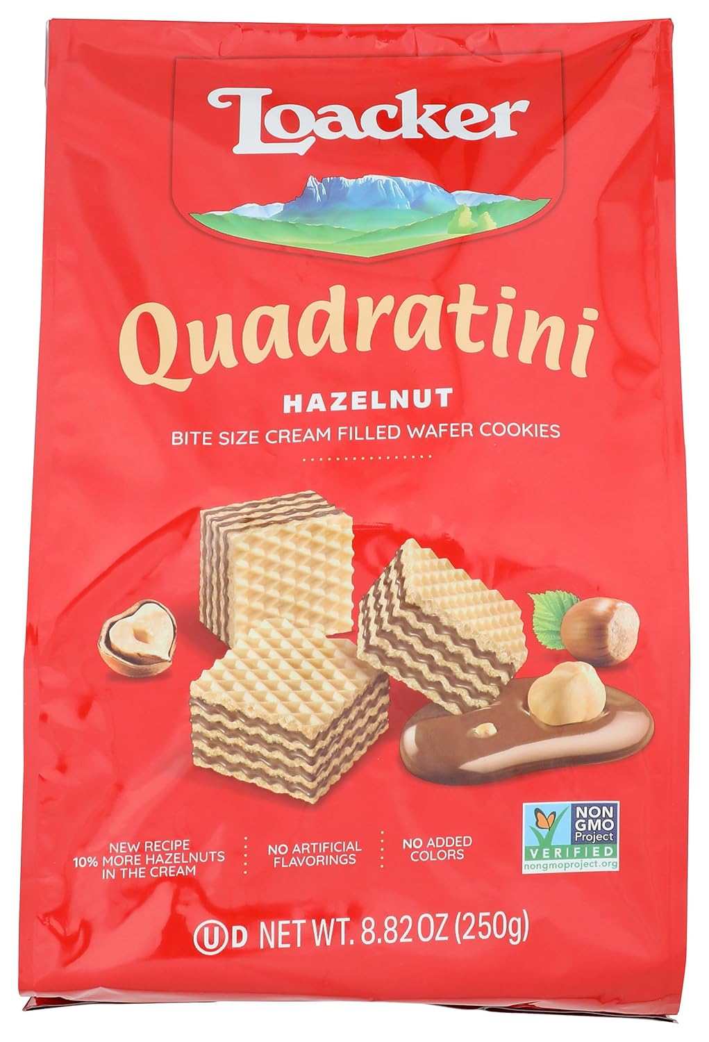 Loacker Quadratini Hazelnut Wafer Cookies - 30% Less Sugar - Premium Crispy Bite Size Wafers with Hazelnut Cream Filling - Resealable Family Pack - NON-GMO - 100% Italian Hazelnuts - LARGE Snack Bag 250g/8.82oz