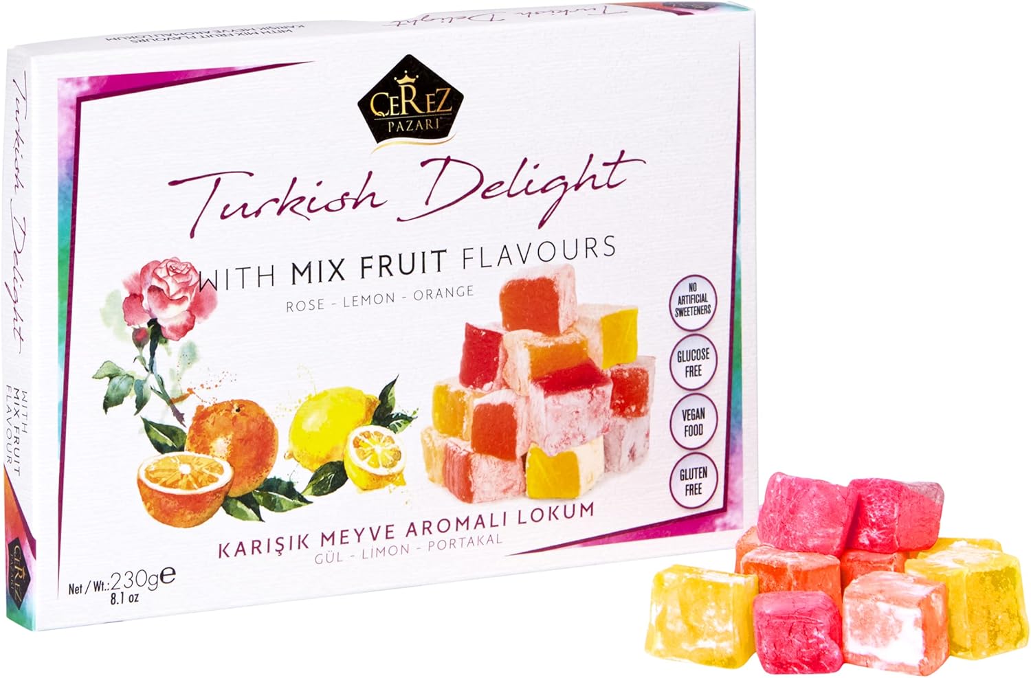 Cerez Pazari Turkish Delight with Rose, Orange and Lemon Mix Flavours 230g, Gourmet Small Size Snacks Gift Box, No Nuts Sweet Confectionery Vegan Soft Candy Dessert Glucose Free Lokum