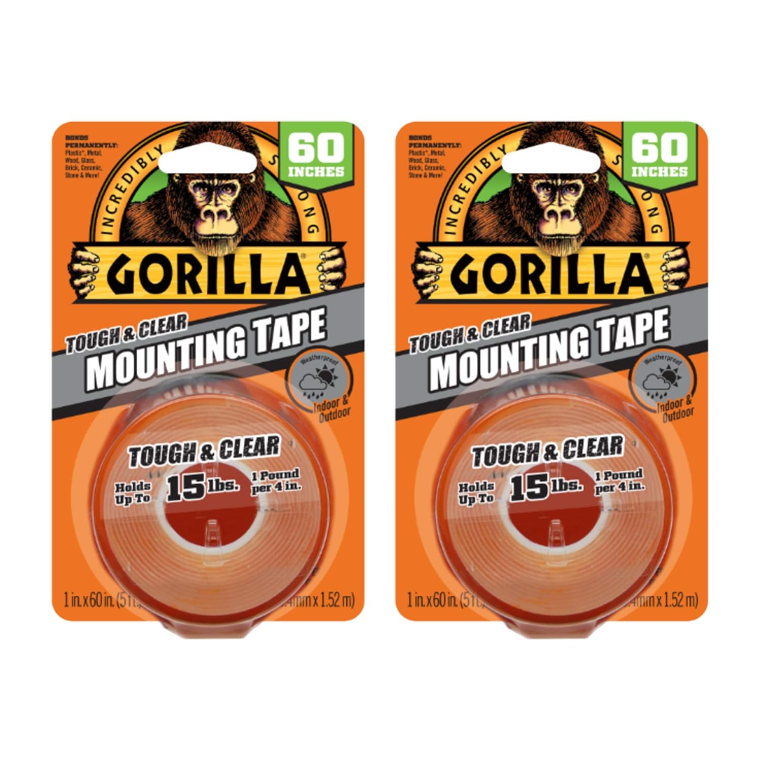 Gorilla 6065016 6065001-2 Tough & Clear Mounting Tape, Double-Sided, 1" x 60", (Pack of 2), 2-Pack, 6 Count