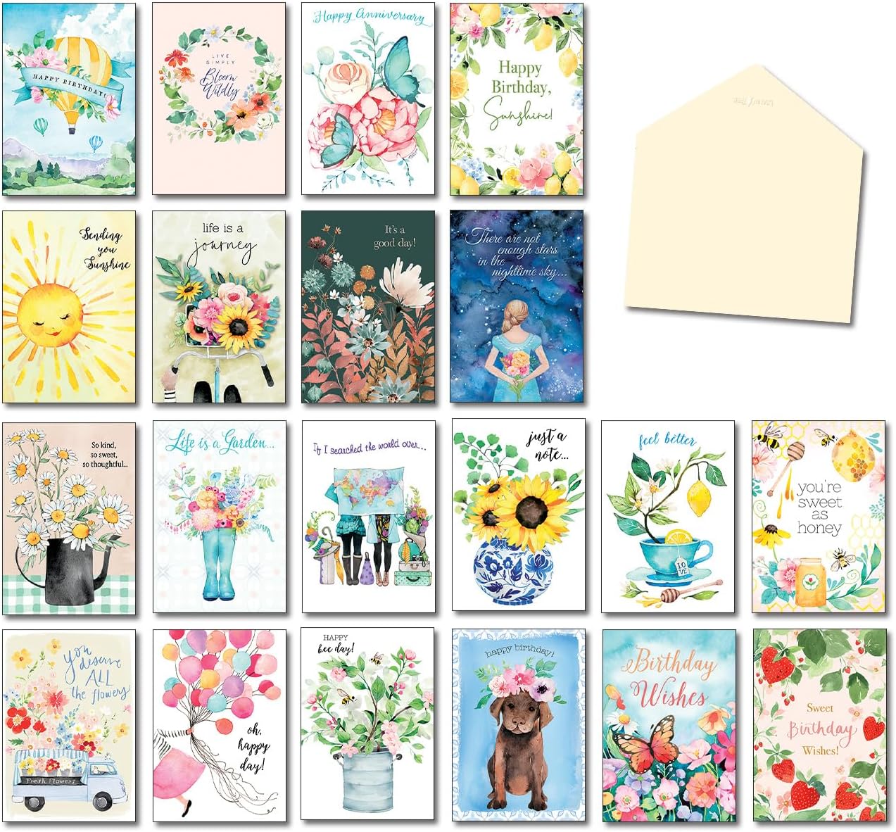 Leanin' Tree Watercolor Whimsy - Made In USA - 20 Assorted Cards with Envelopes All Occasion, Stationery Paper and Envelopes Set, Greeting Cards Assortment Box, Includes Birthday, Thank You and More