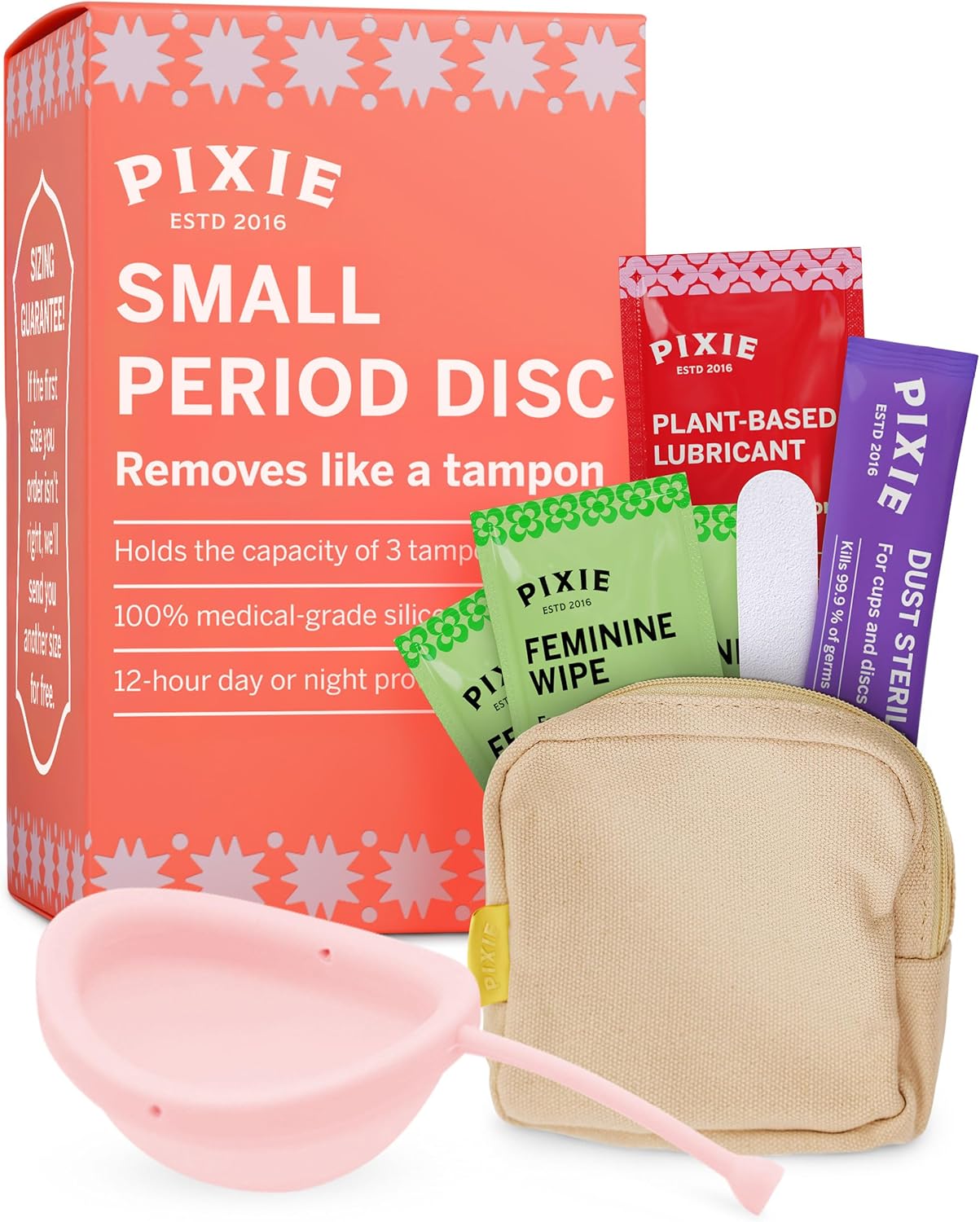 Pixie Menstrual Disc - No Metals or Toxins - 100% Medical-Grade Silicone - Ranked 1 for Most Soft Reusable Period Disc - Removes Like a Tampon - Wear 12 Hours - Capacity of 3 Tampons (Small)