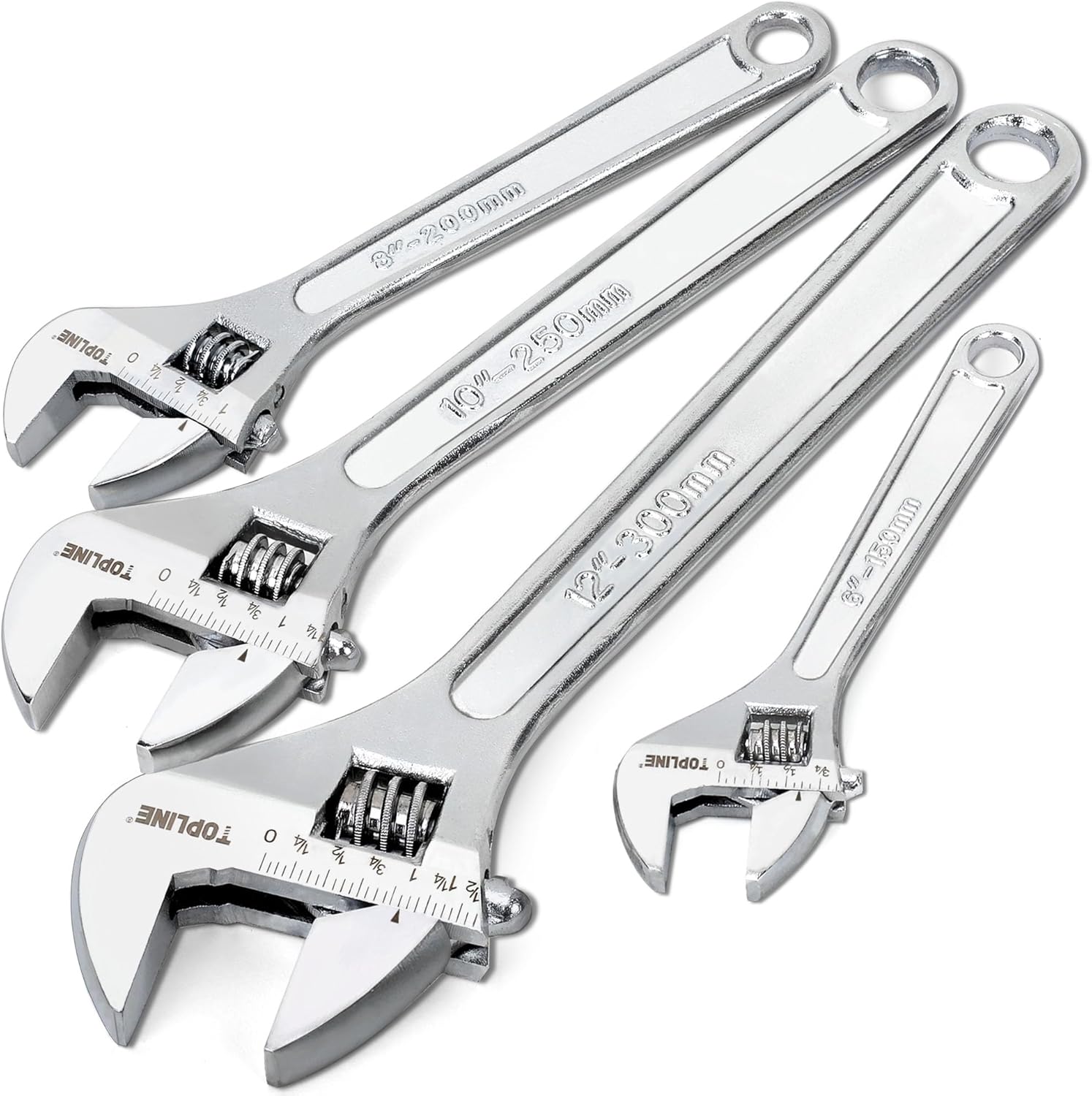Topline 4-piece Adjustable Wrench Set with Wide Handle, Included 12-In, 10-In, 8-In, 6-In, Adjustable Wrench Set with Measurement Scales, Perfect for Plumbing, Home and Garage Applications