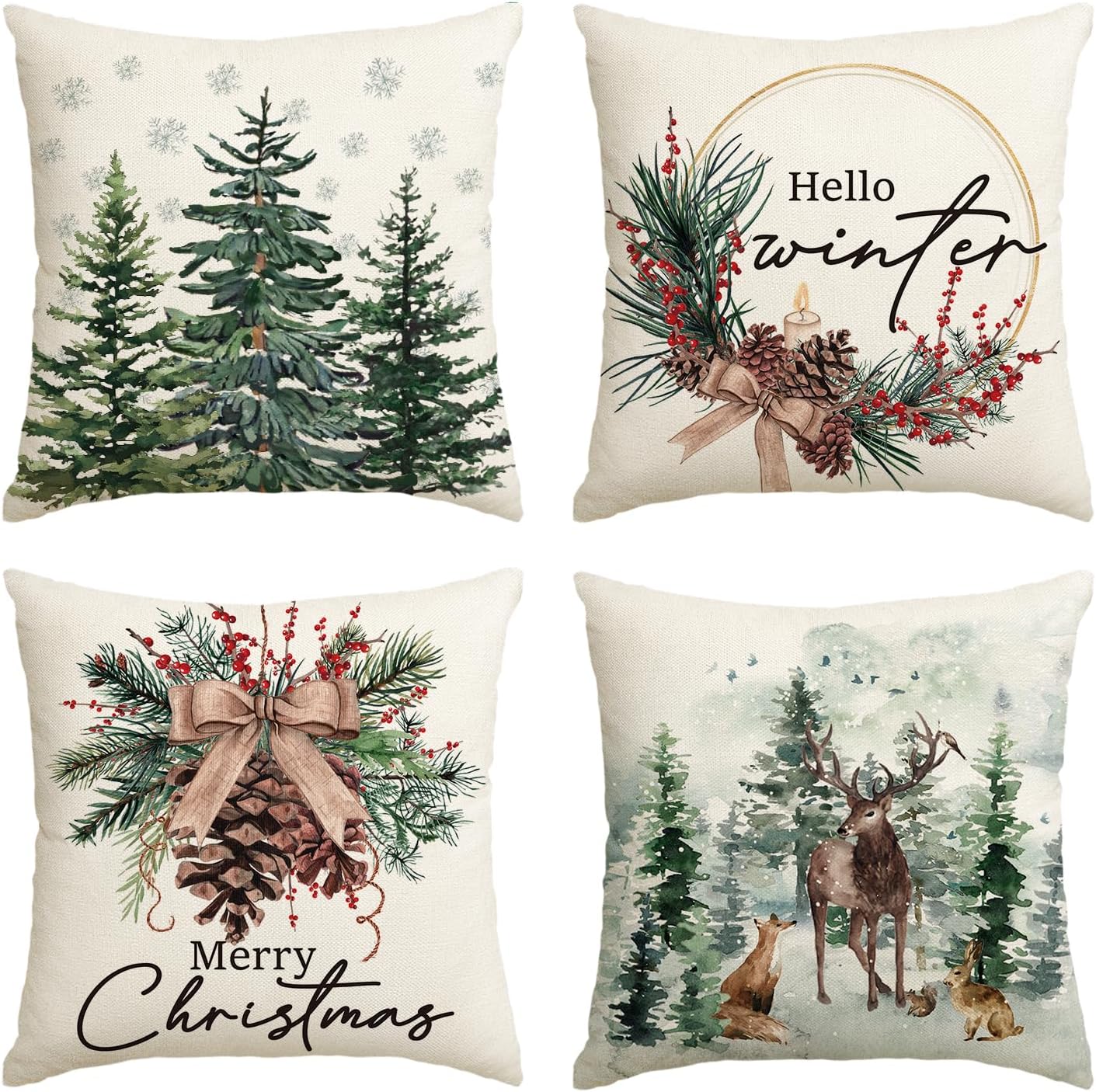 Artoid Mode Pine Trees Reindeer Christmas Cushion Covers Set of 4, 45x45 cm Winter Xmas Decorative Pillow Case Cover Sofa Living Room Decor