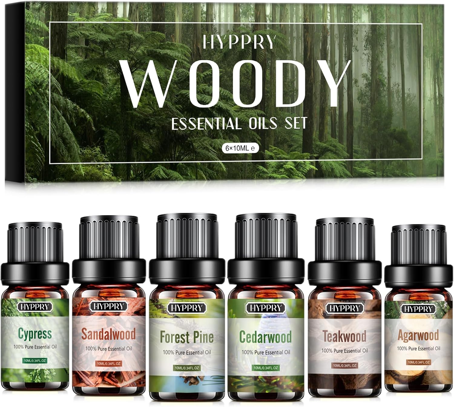 Hyppry Woody Essential Oils Set 6x10 ml, 100% Natural Premium Essential Oils for Diffuser for Home, Aromatherapy, Perfume, Candle Making - Sandalwood, Cedarwood, Cypress, Pine, Teakwood, Agarwood