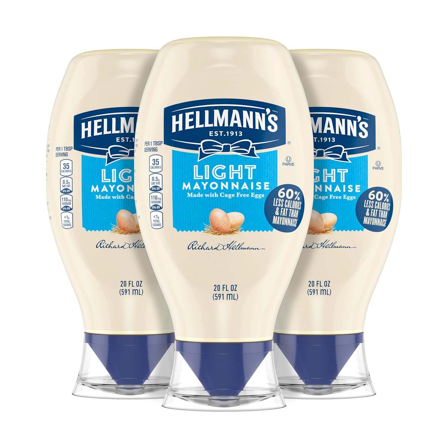 Hellmann's Light Mayonnaise Pack of 3 Light Mayo Squeeze Bottle For a Creamy Condiment for Sandwiches and Simple Meals Made With 100% Cage-Free Eggs 20 oz