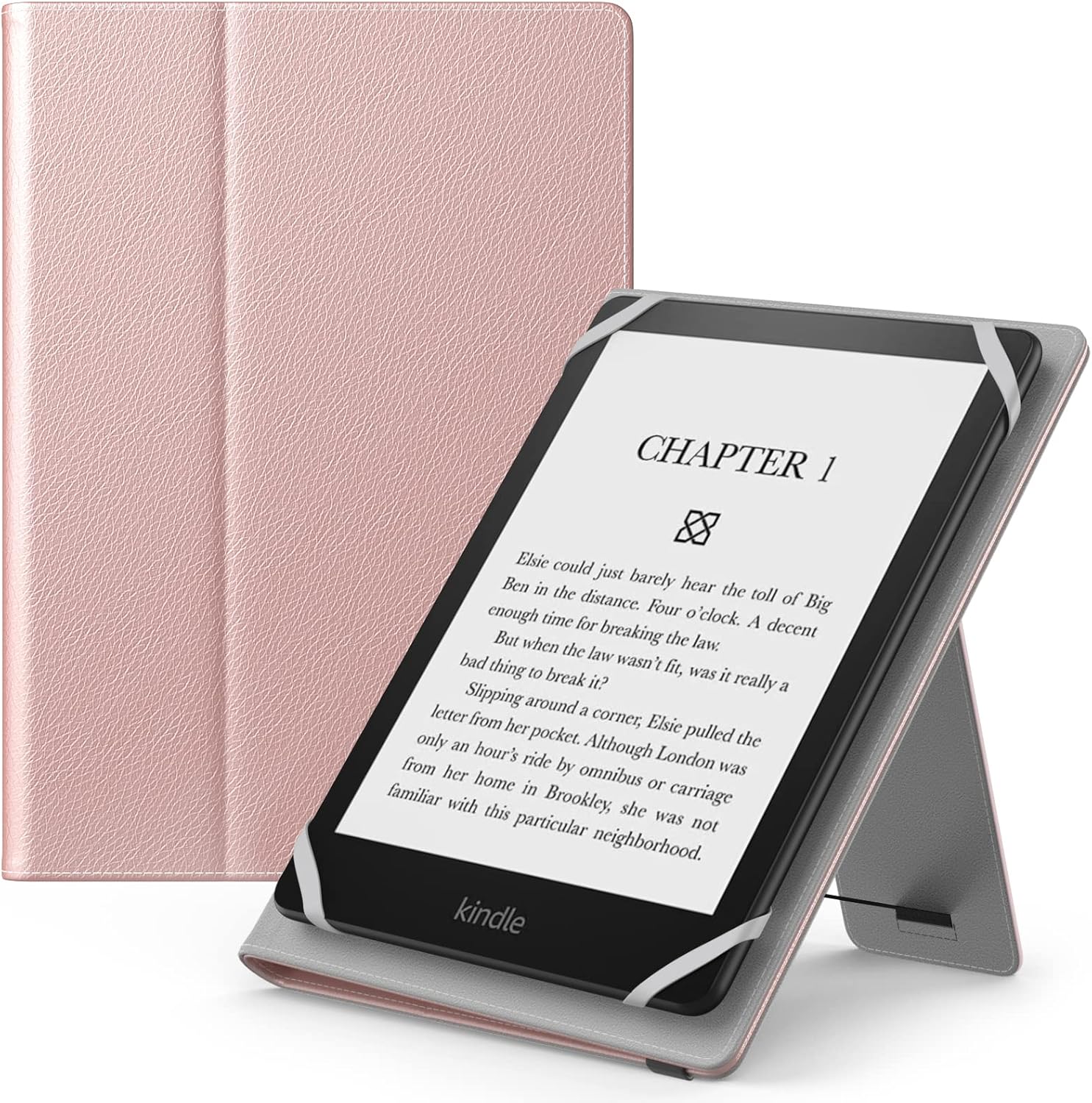 MoKo Universal Case for 6",6.8",7" Kindle eReaders Fire Tablet, Kindle/Kobo/Voyaga/Lenovo/Sony E-Book Tablet, Lightweight PU Leather Folio Shell Cover Case, with Hand Strap/Kickstand, Rose Gold