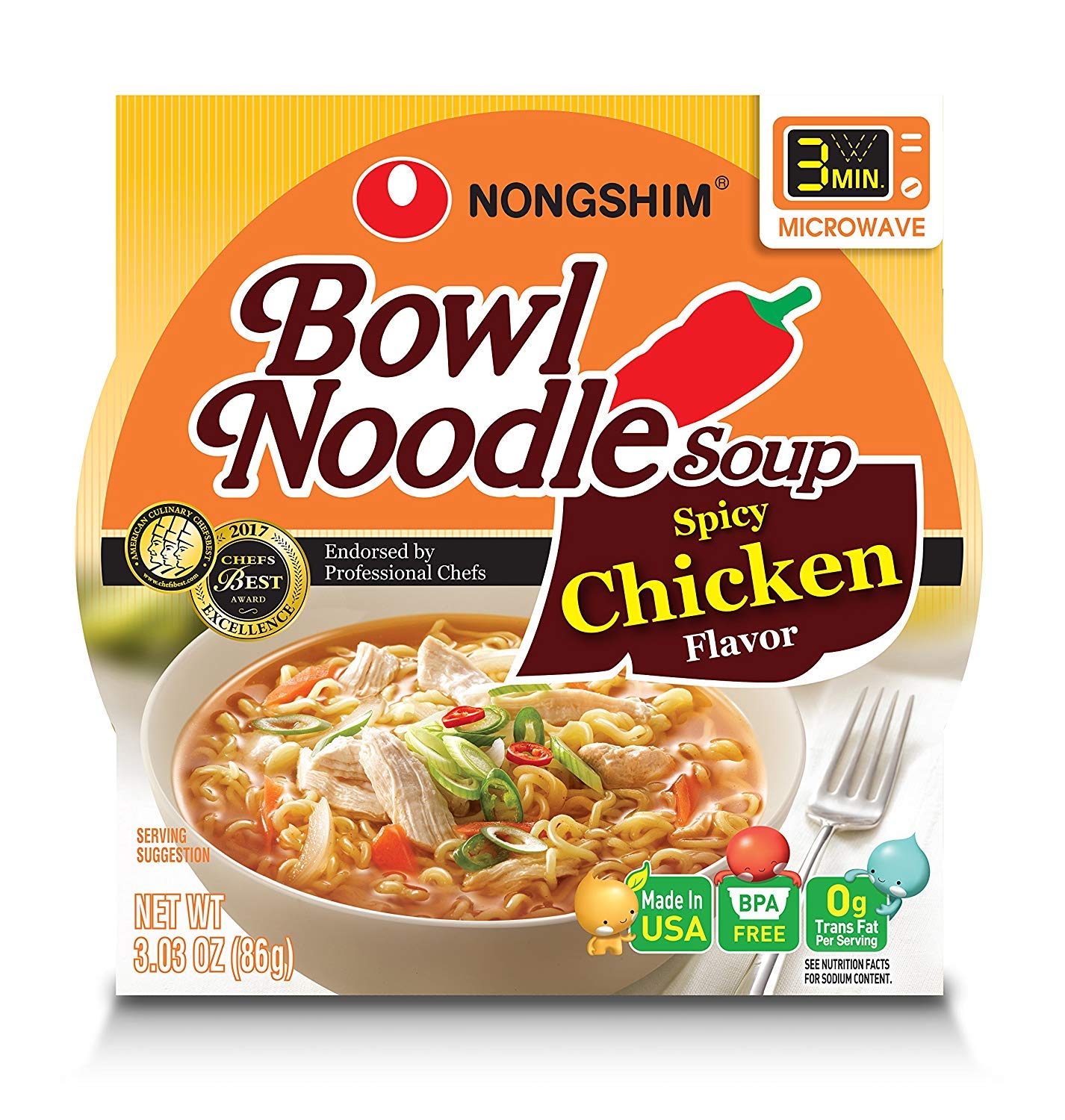 Nongshim Ramen Noodles, Gourmet Instant Ramen bowl, Premium Microwavable Noodle Soup, Spicy Chicken, 3.03 Ounce