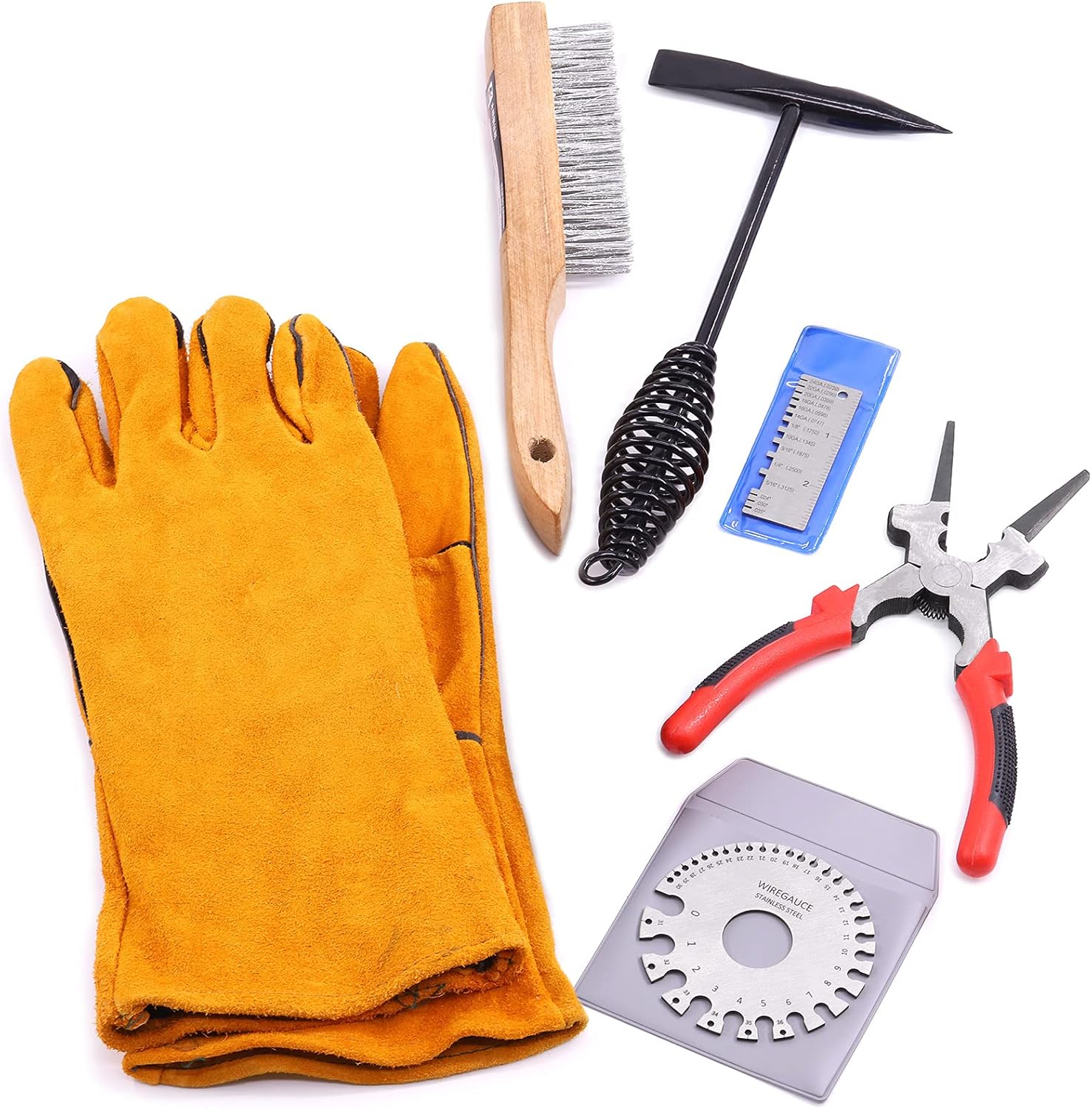 Mardatt 6Pcs Industrial Slag Removal Welding Tools and Accessories Includes 10 Inch Welding Chipping Hammer, 8 Inch Welding Pliers, Wire Brush, Welding Gloves, Wire Gauge, Metal Sheet Thickness Gauge