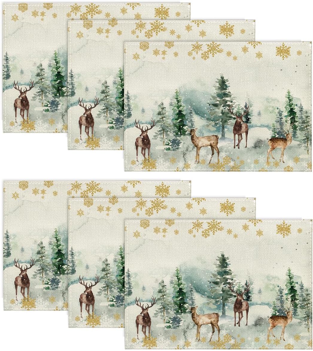 Artoid Mode Watercolor Deer Trees Snowflakes Christmas Placemats Set of 6, 30 x 45cm Seasonal Winter Xmas Holiday Vintage Washable Table Mats