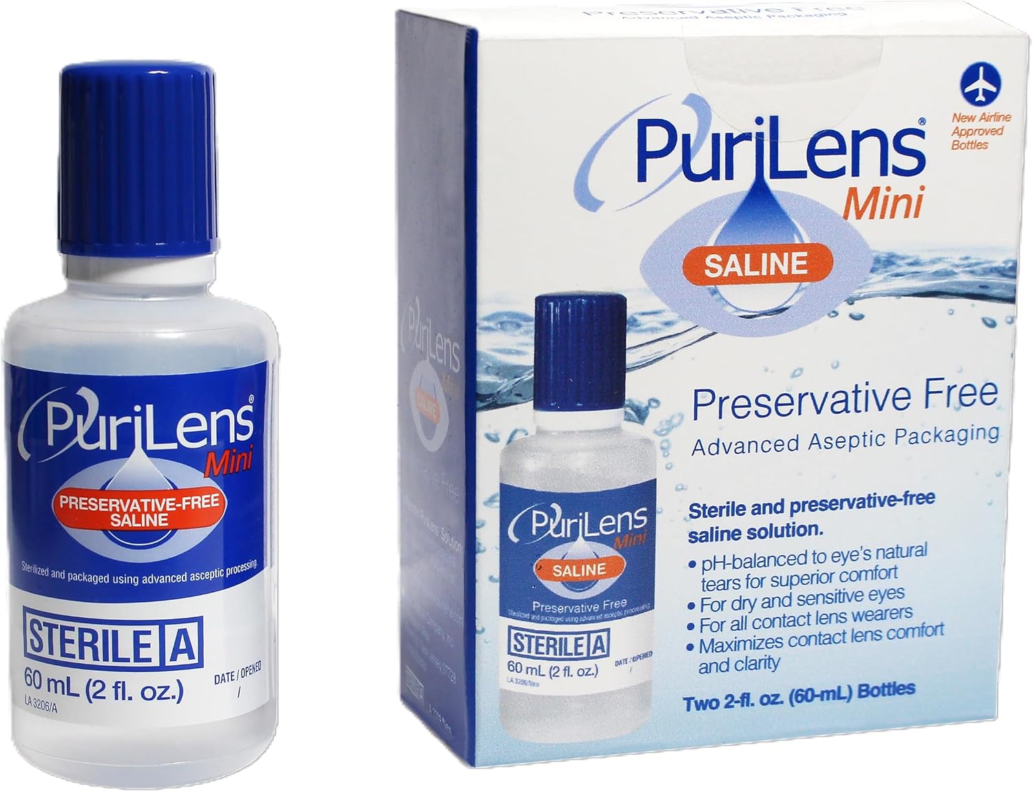 Purilens Mini Preservative-Free Contact Lens Saline 60ml (2 fl. oz.) 2 Pack