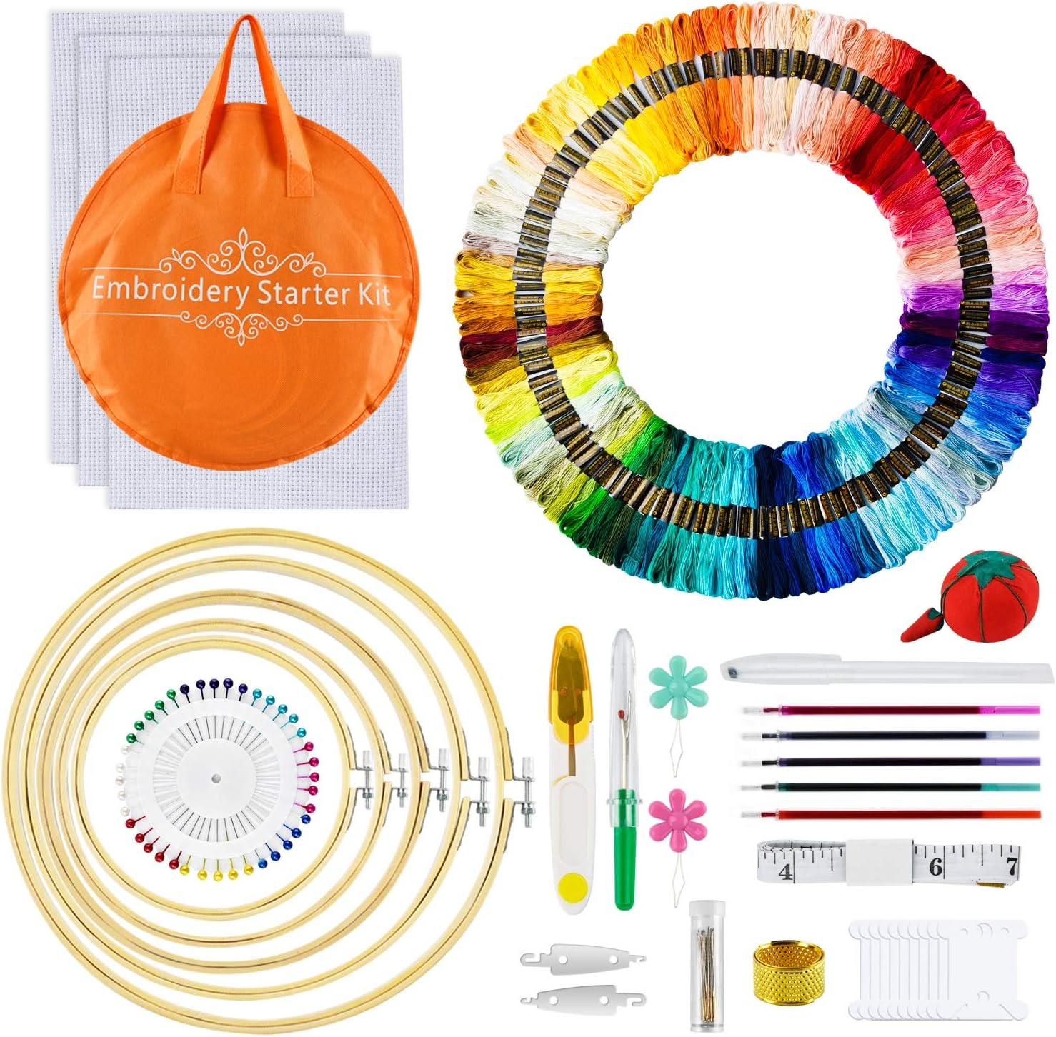 Embroidery Kit,AUERVO Cross Stitch Kits with 120 Skeins Embroidery Threads,5 Bamboo Embroidery Hoops,3 Pcs Aida Cloth,40 Sewing Pins,Starter Kit with Protable Bag for Adults and Beginners…