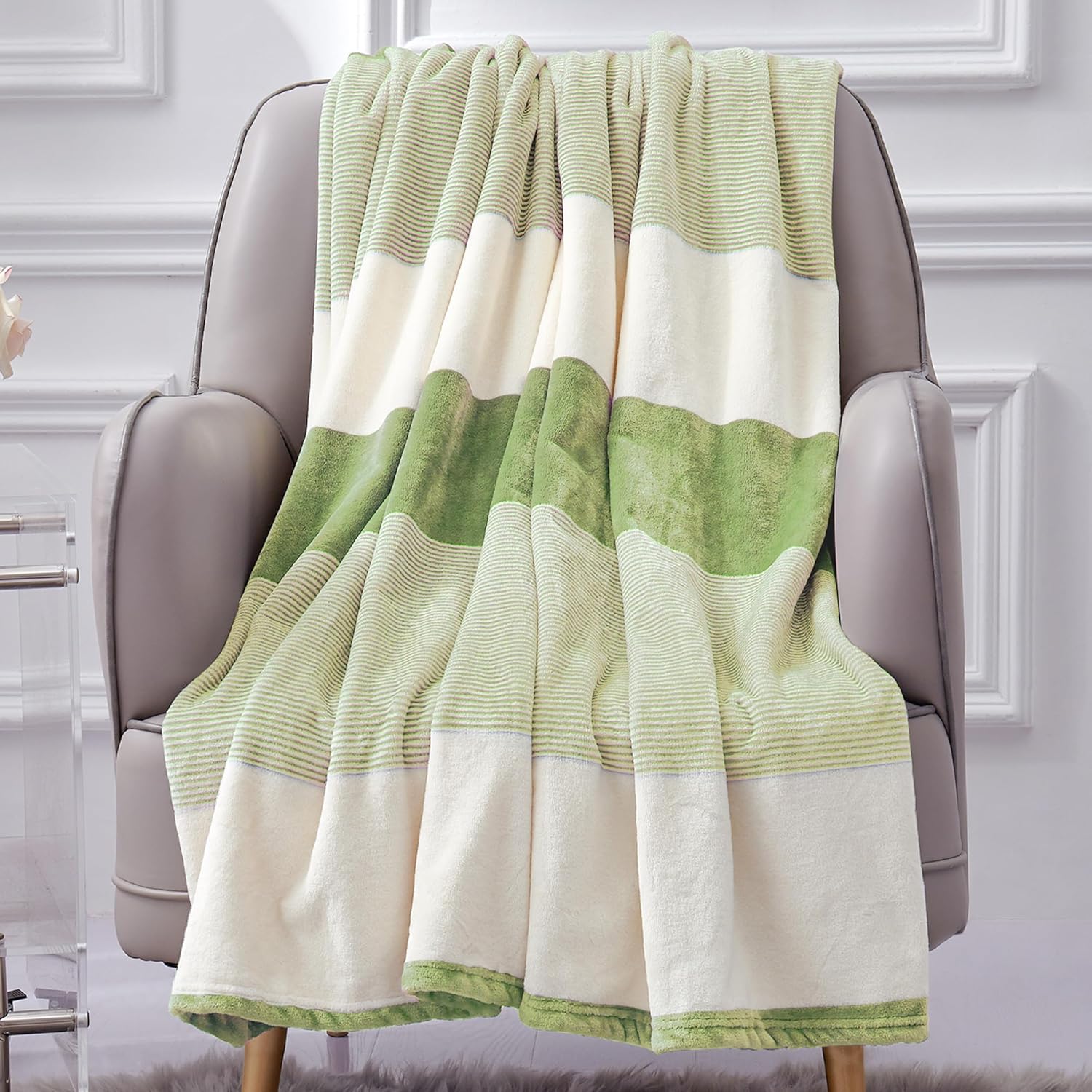 FINENESS Fleece Green Throw Blanket for Couch,Plush Fuzzy Cozy Home Decor Warm Striped Flannel Blankets for Bed, 50" x 60", 360 GSM