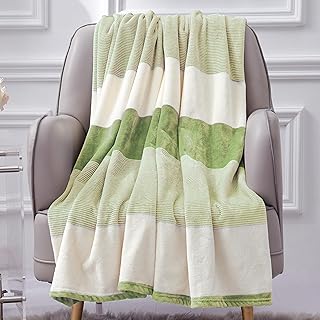 FINENESS Fleece Green Throw Blanket for Couch,Plush Fuzzy Cozy Home Decor Warm Striped Flannel Blankets for Bed, 50" x 60", 360 GSM