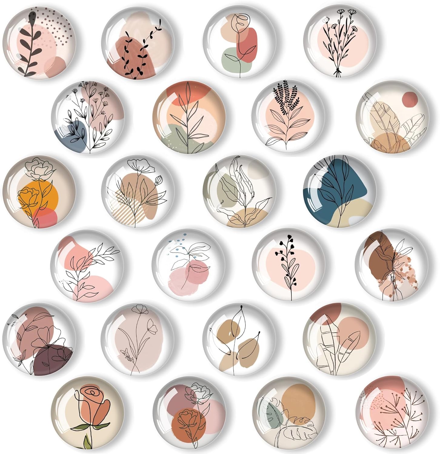 24 Pcs 1.2 in Round Glass Boho Refrigerator Magnets - Strong & Scratch-Resistant for Fridge,Locker,Office & Kitchen Decor.Aesthetic Flower Plant Line Drawing Design,Irresistibly Cute