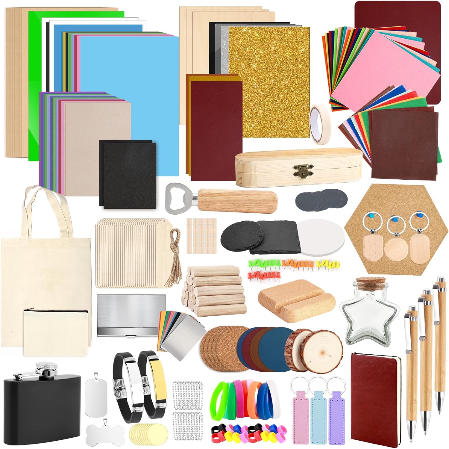 Csyidio 300 PCS Laser Engraving Material, 40 Kinds of Laser Engraver Accessories with Instructions, Laser Engraving Supplies Including Acrylic, Metal, Wood, Fabric, PU Leather, Rubber Materials