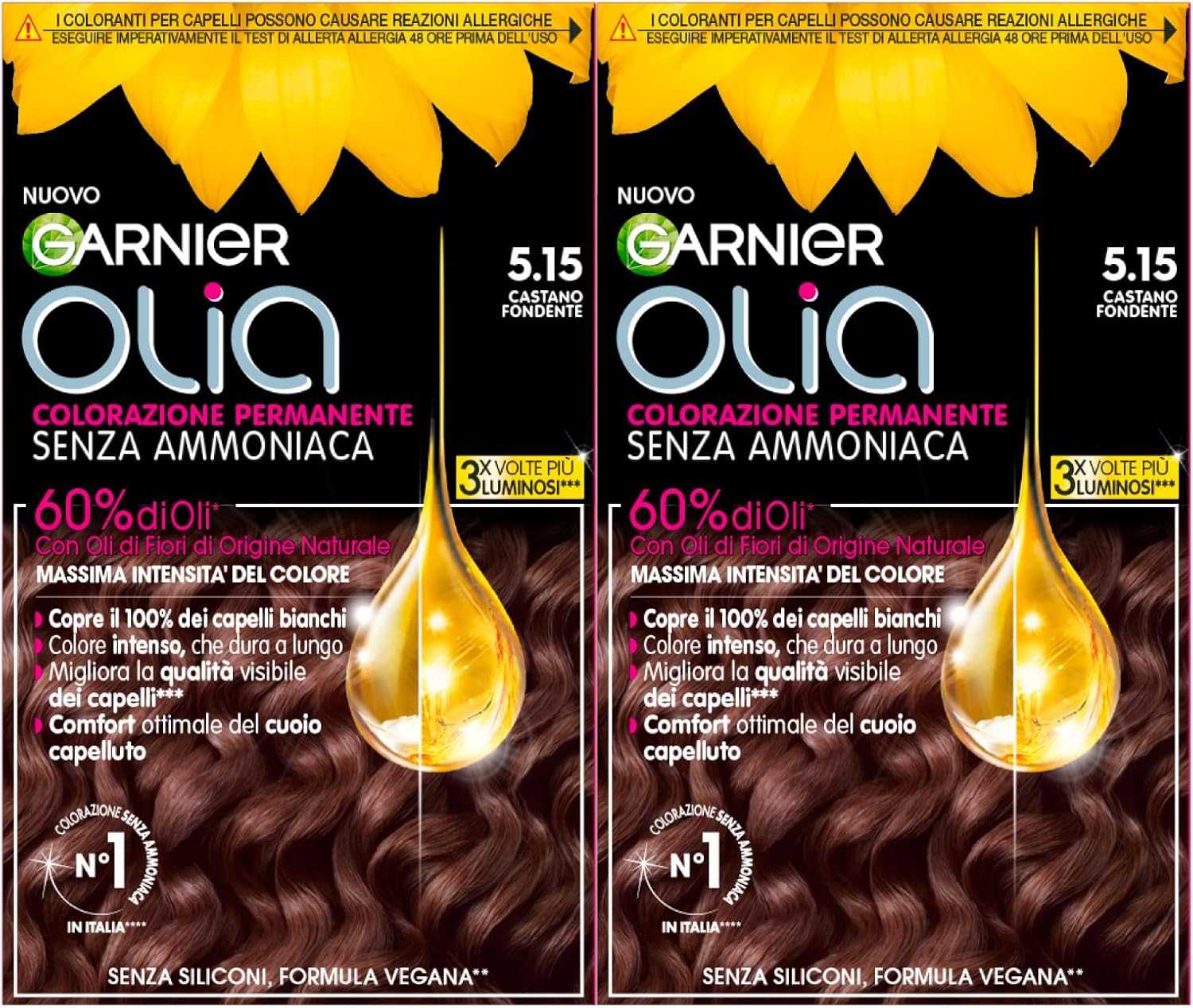 Garnier Olia Permanent Hair Dye Without Ammonia Colouring with Flower Oils of Natural Origin with Brightening and Nourishing Action, Colour 5.15 Dark Brown – 2 Packs