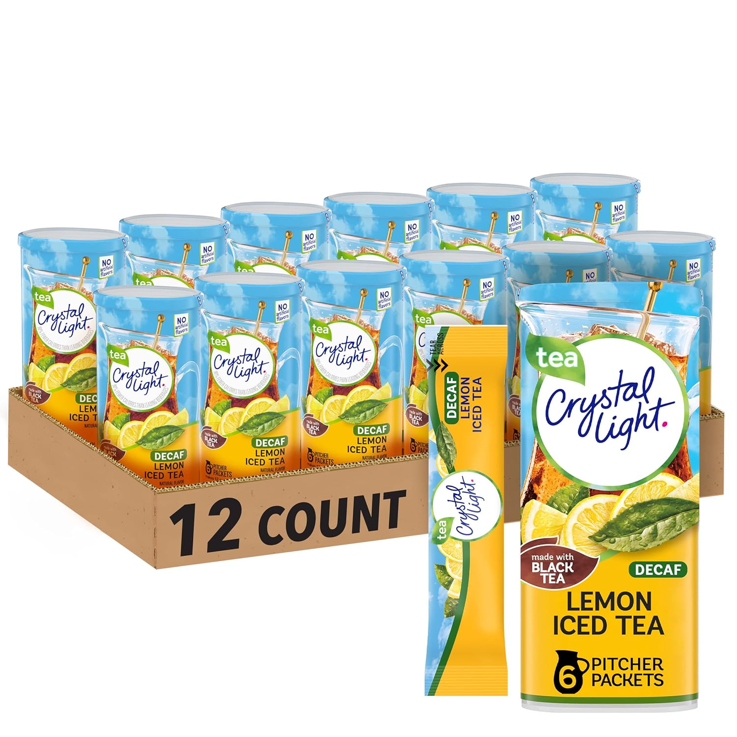 Crystal Light Decaf Lemon Iced Tea Naturally Flavored Powdered Drink Mix, 72 ct Pack, 12 Canisters of 6 Pitcher Packets