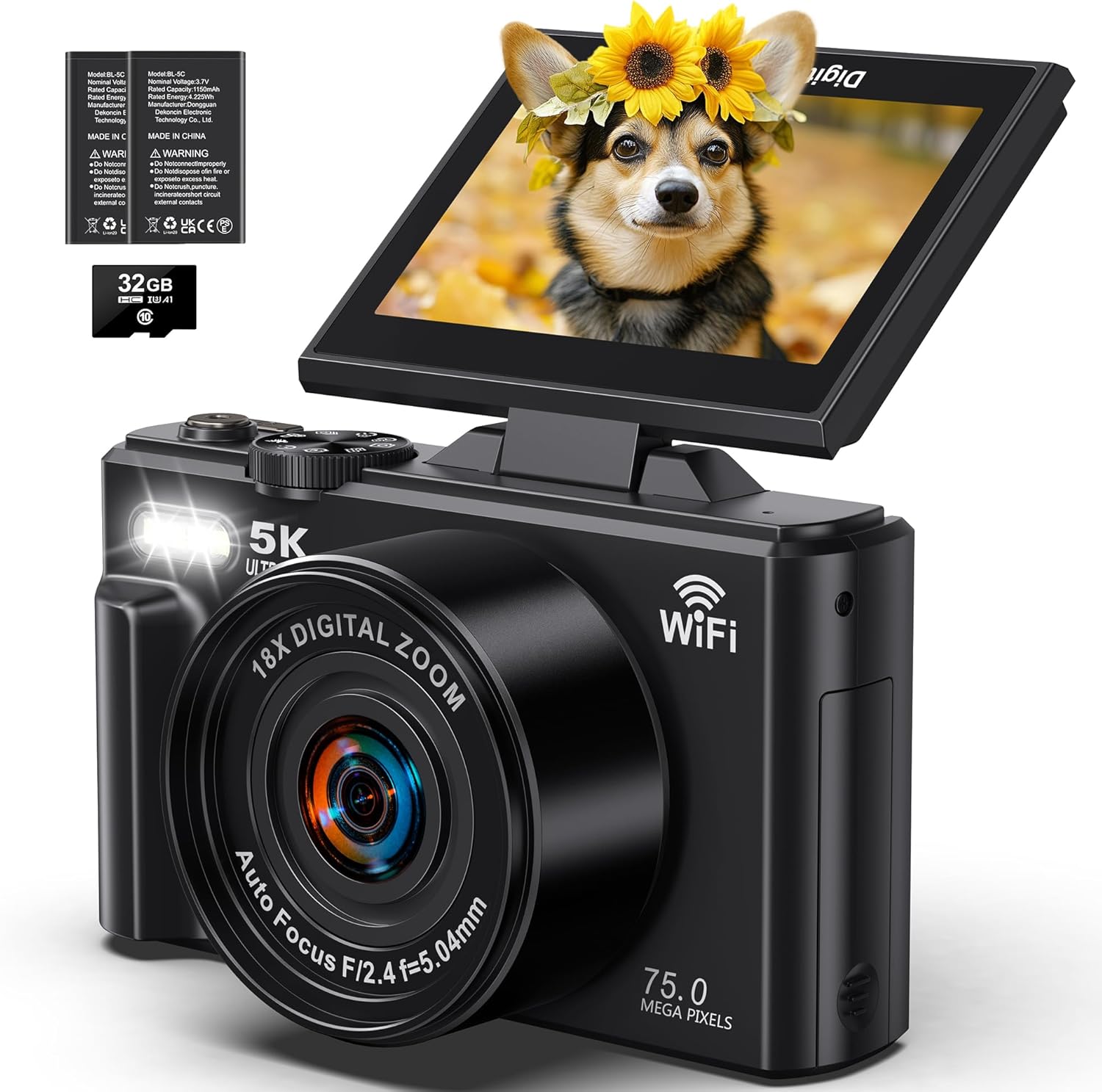 5K Digital Camera - WiFi 75MP Cameras for Photography - UHD Vlogging Camera for YouTube with 3" 180° Flip Screen - Autofocus Compact Video Travel Camara with 18X Zoom, 32GB SD Card, 2 Batteries