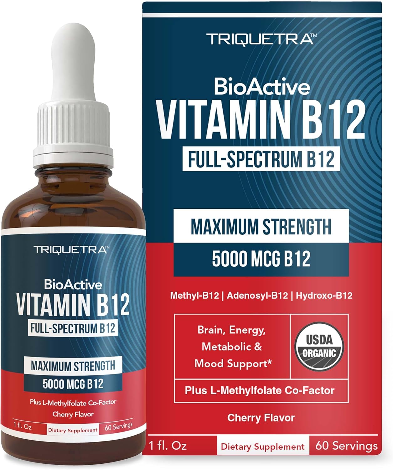 BioActive Vitamin B12 5000 mcg | Contains 3 BioActive B12 Forms Plus Methylfolate Cofactor - Methyl B12, Adenosyl B12 & Hydroxy B12 | Sublingual Form, Cherry Flavor, Organic, Vegan (60 Servings)