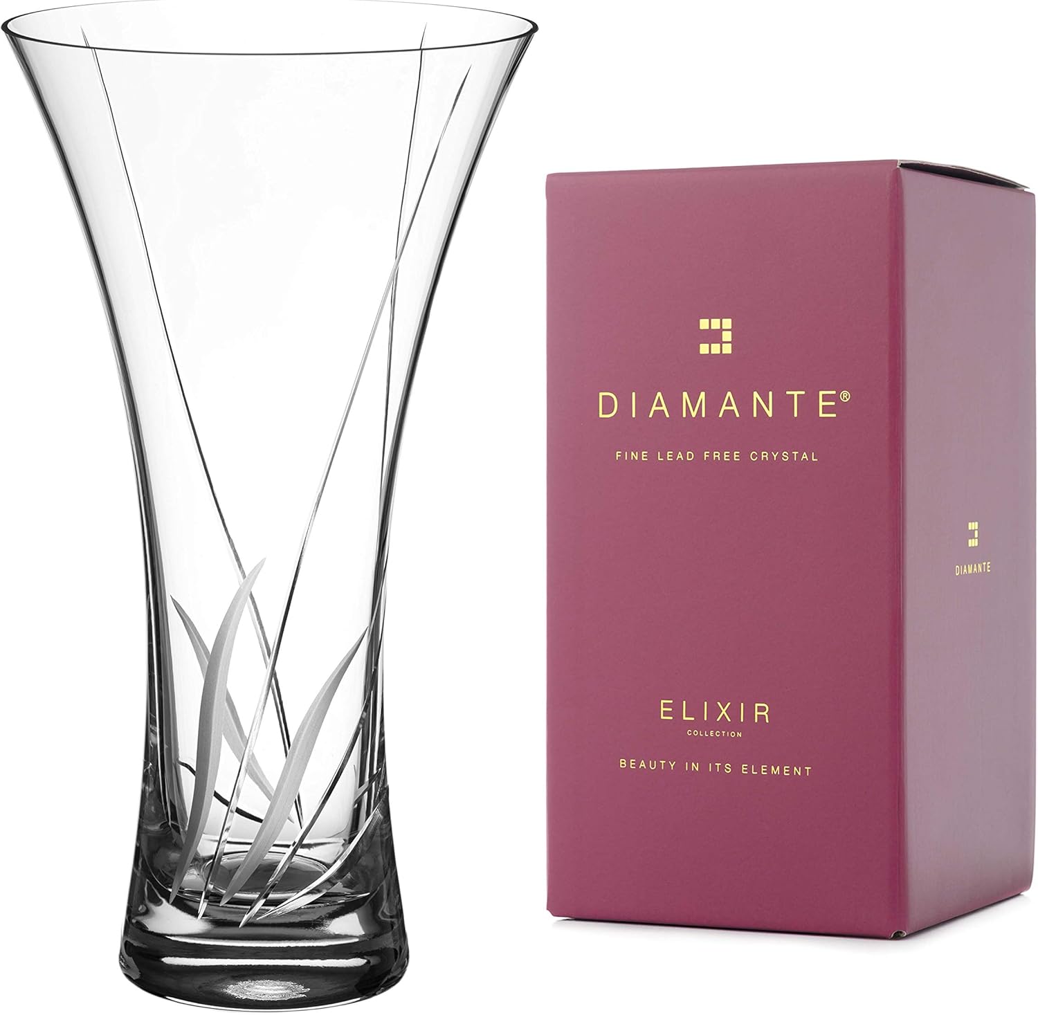 DIAMANTE Hollow Sided Vase ‘Meadow’ Crystal Trumpet Vase - Lead Free Crystal Glass (25cm)