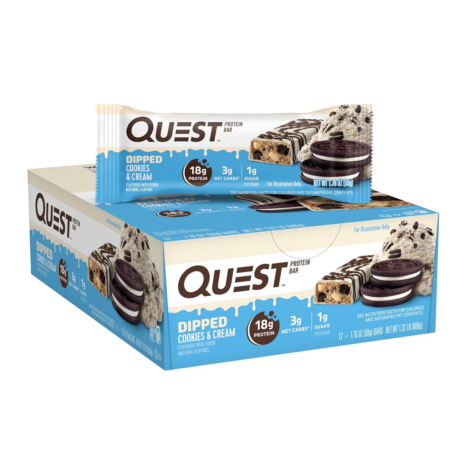 Quest Nutrition Dipped Chocolate Cookies & Cream Protein Bars, High Protein, Low Carb, Gluten Free, Keto Friendly, 12 Count