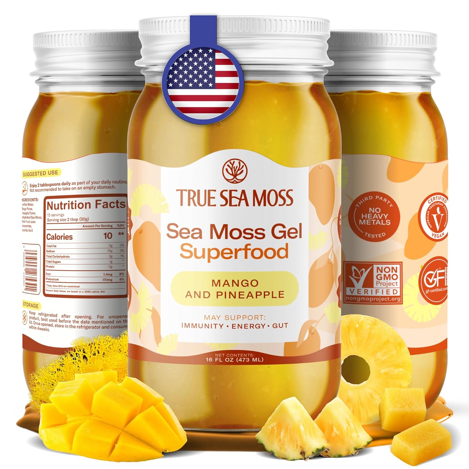 TrueSeaMoss Sea Moss Gel – Made in USA – Wildcrafted Seamoss, Fresh Fruits & Sea Vegetables – Mango/Pineapple, Pack of 1 (Labels may Vary)