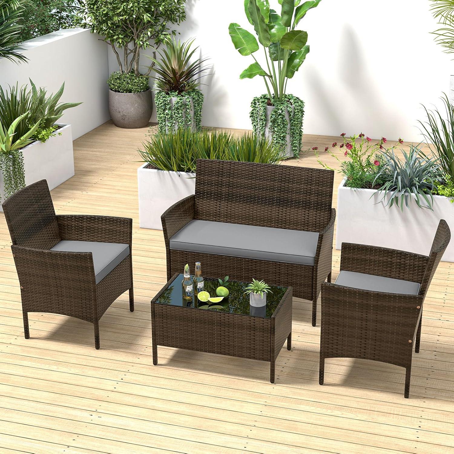ORALNER 4 Pieces Patio Furniture Set, Rattan Chairs Loveseat with Soft Cushion and Glass Table, Outdoor Wicker Conversation Set for Balcony Garden Backyard Porch Poolside (Gray)