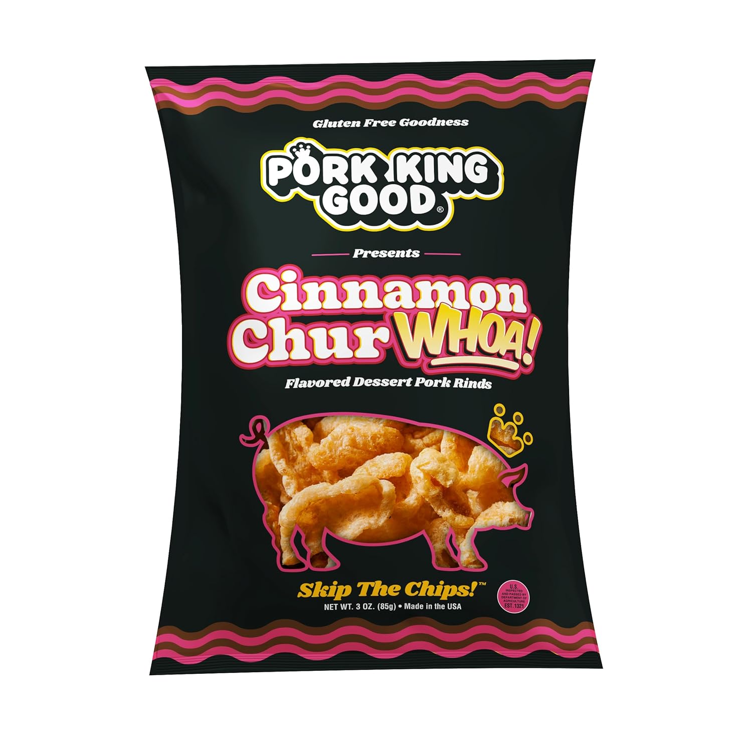 Pork King Good Cinnamon ChurWHOA 3 oz Dessert Flavored Pork Rinds - (4 Pack) Sweet and Salty, Gluten Free Snacks