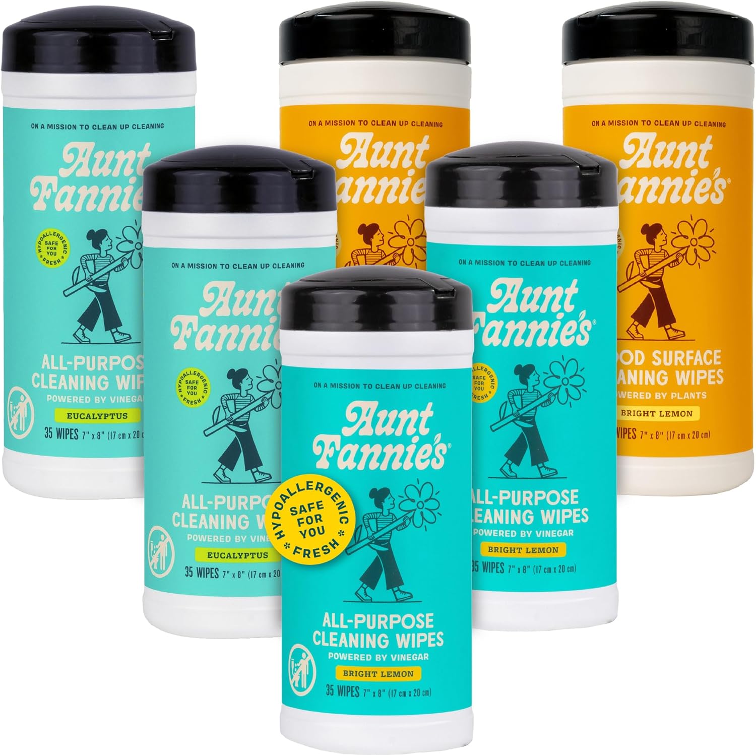 Aunt Fannie's Natural Cleaning Wipes Variety Pack, Multipurpose Surface Cleaner, 35 Count Each, Pack of 6