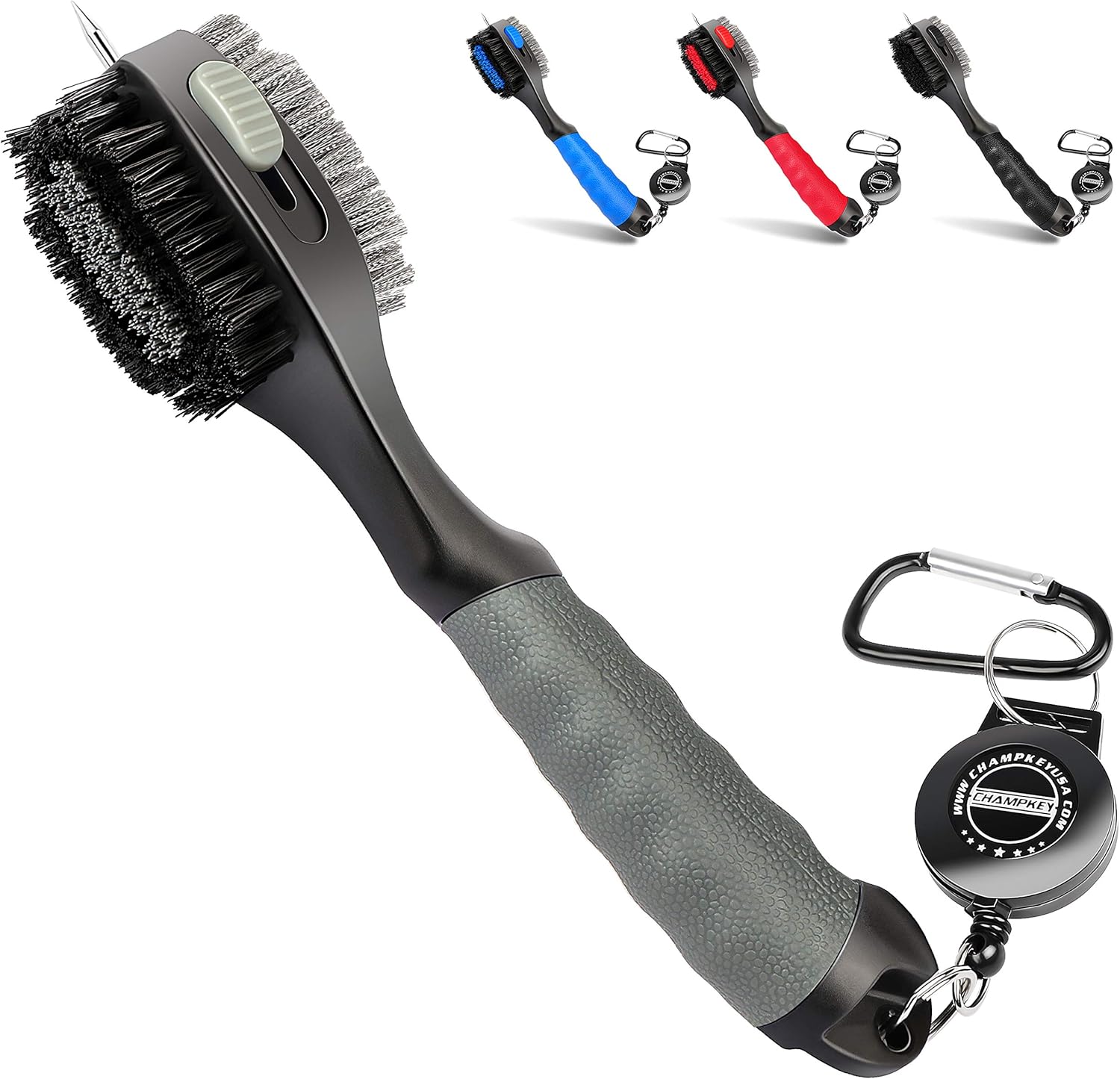 Champkey PRO Retractable Golf Club Brush - Oversized Brush Head，Soft Rubber Hand Grip & Retractable Groove Cleaner Golf Brush (Grey)