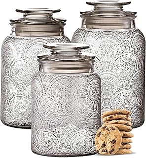 Le'raze Food Storage Containers with Airtight Lids - Retro Design - Pantry Organization, Glass Canisters Storage for Cookies, Tea, Sugar, Candy Jars, Sugar Packet, Set of 3