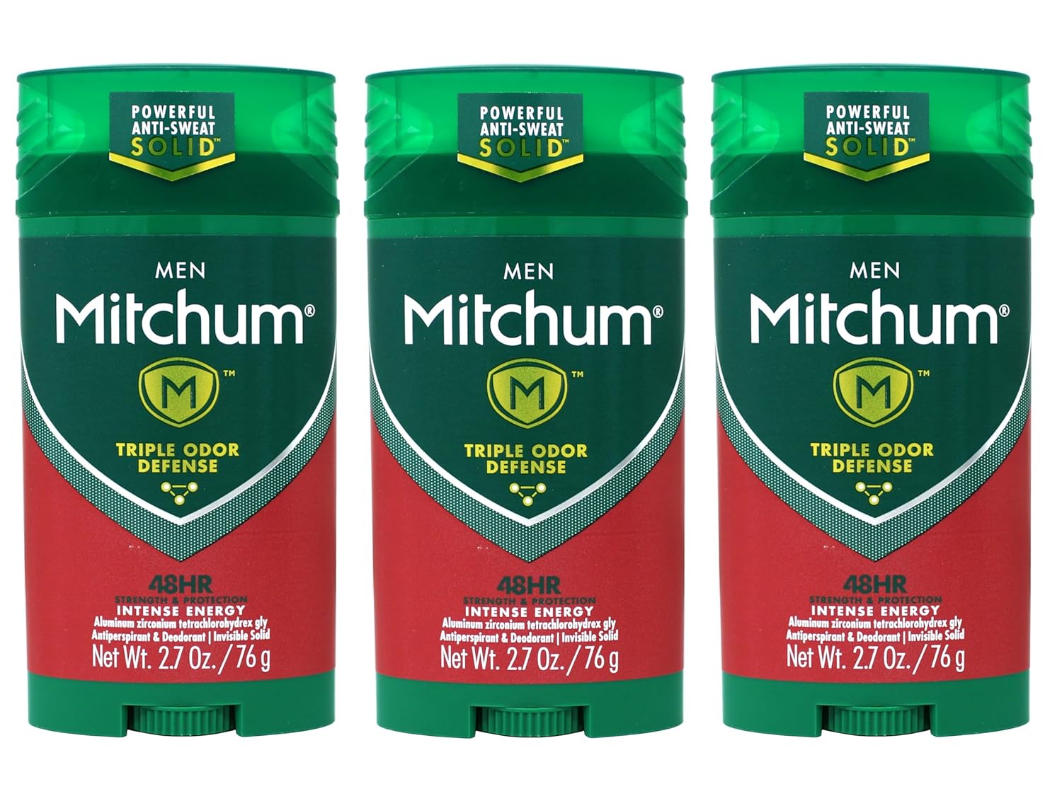Mitchum Men Antiperspirant & Deodorant Stick, Triple Odor Defense Invisible Solid, 48 Hr Strength & Protection, Intense Energy, 2.7 Oz - 3 Pack