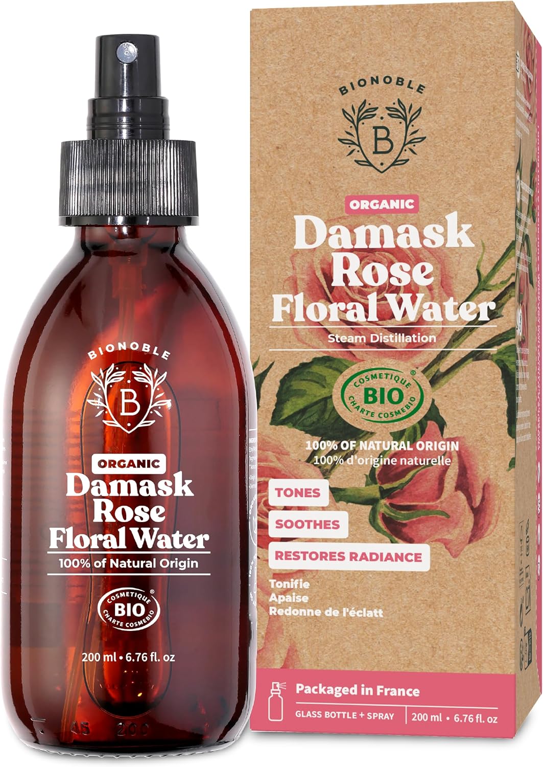 Bionoble Organic Rose Water 200ml - 100% Pure and Natural Damask Rose Hydrolat - Face, Eye Contour, Body, Hair - Glass Bottle + Spray