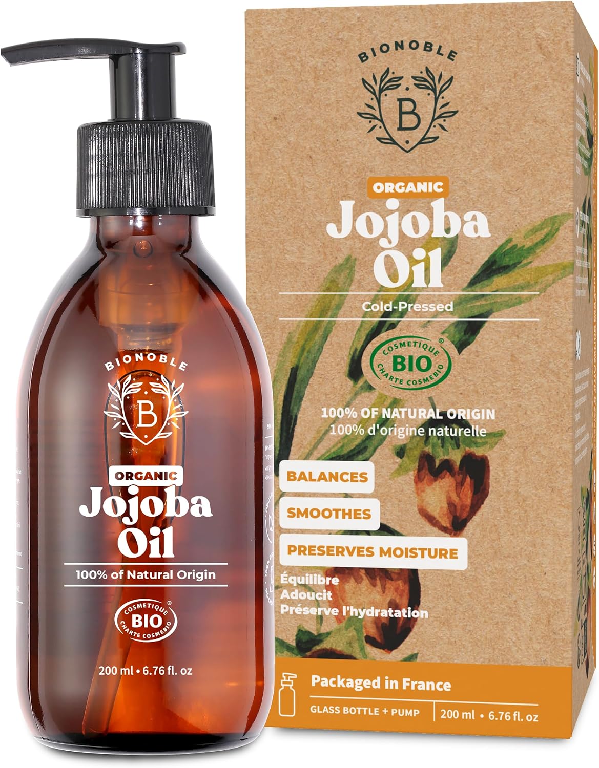 Bionoble Organic Jojoba Oil 200ml - 100% Pure, Natural and Cold Pressed - Face, Body, Hair, Beard, Nails - Vegan and Cruelty Free - Glass Bottle + Pump